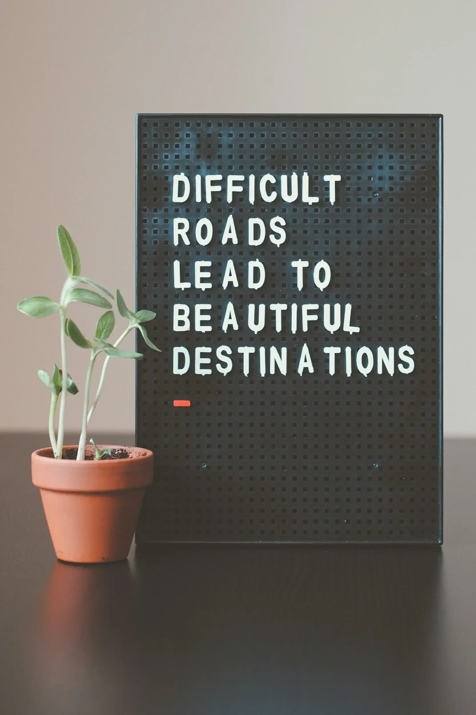 a board that says difficult roads lead to beautiful destinations next to a plant