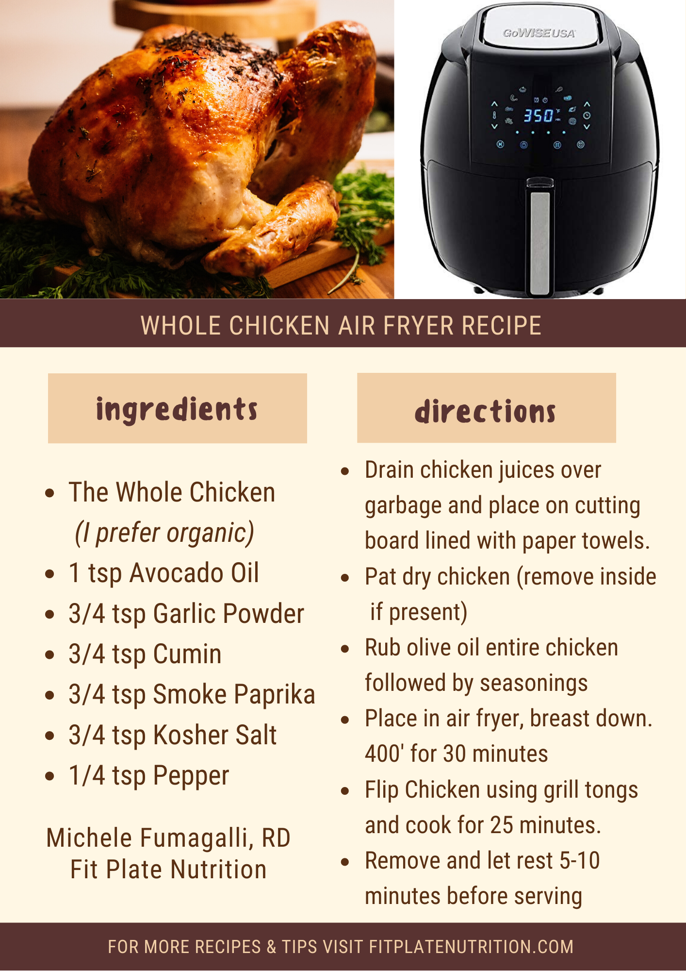 Whole chicken air fryer recipe showing chicken flipped during cooking