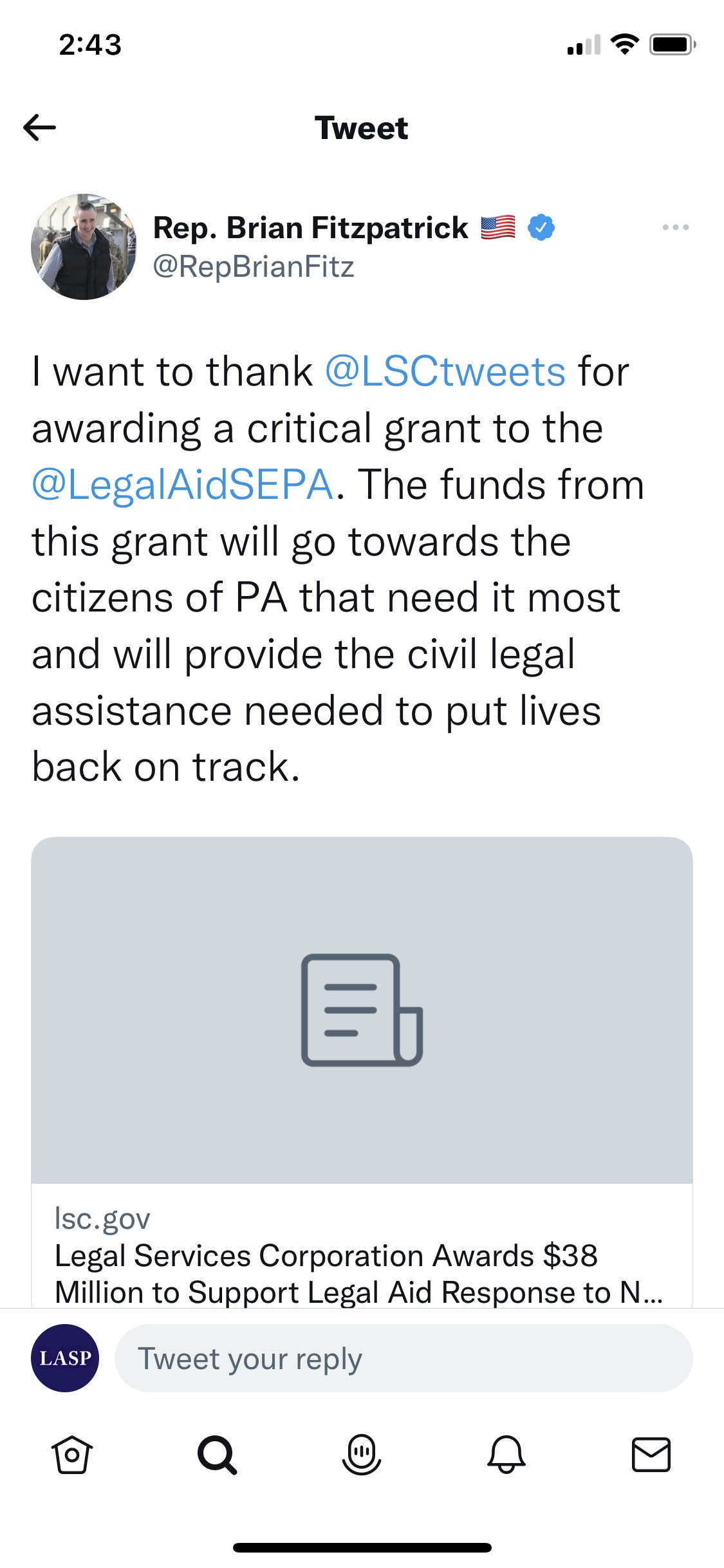 2022-7-1 Rep. Fitzpatrick tweet-LSC disaster grant.PNG