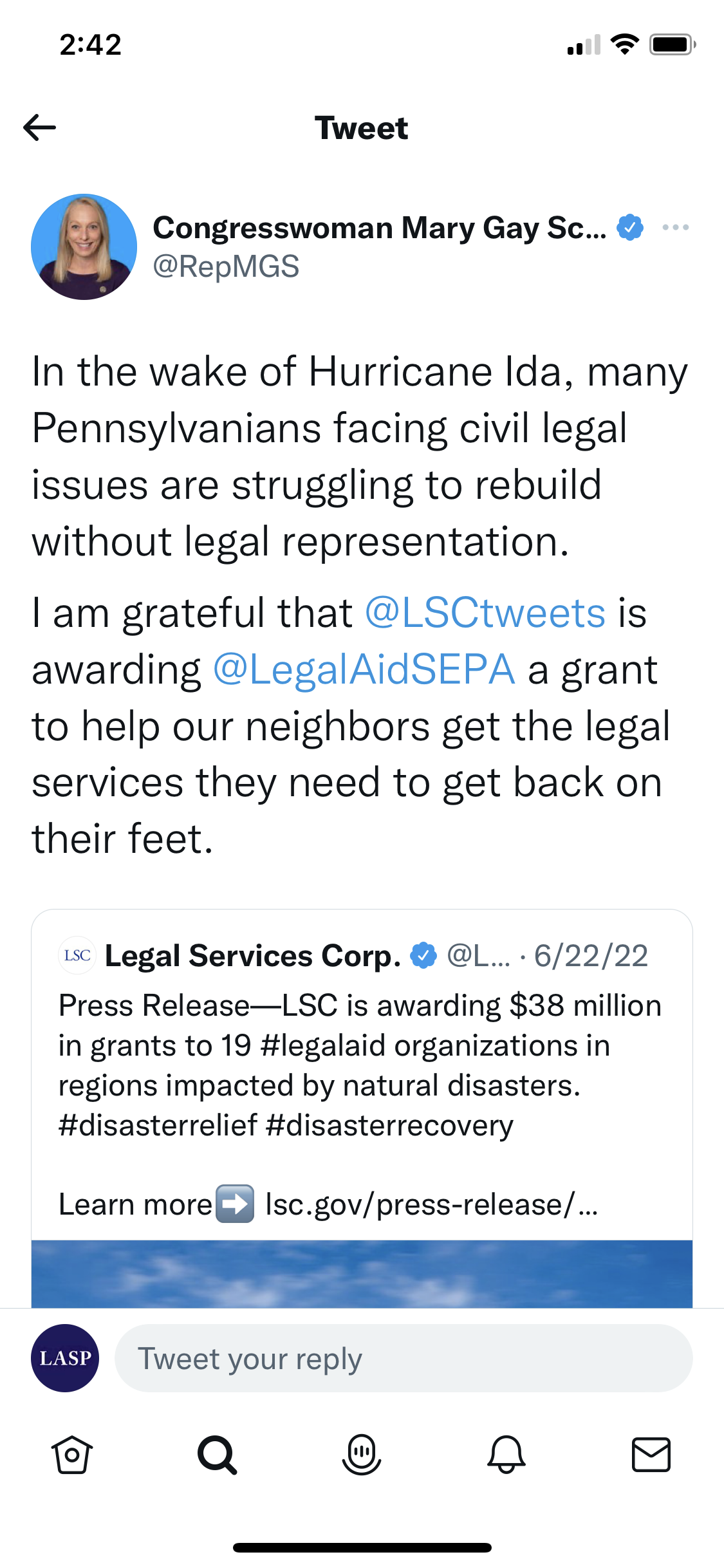 2022-7-1 Rep. Scanlon tweet-LSC disaster grant.PNG