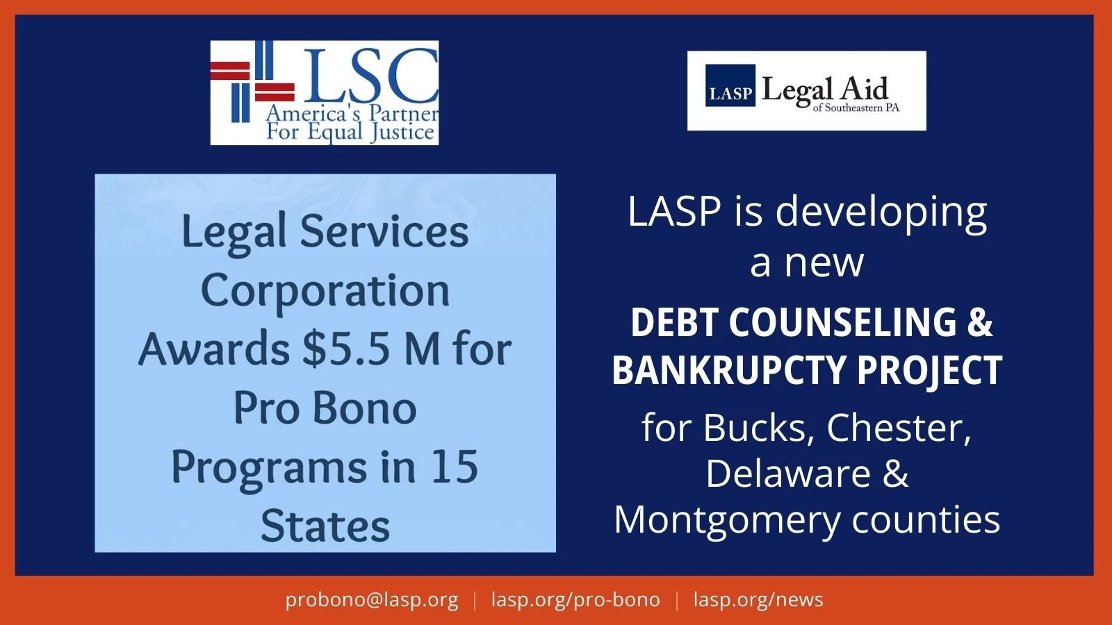 Pro Bono Innovation Fund grant:  New Debt Counseling &amp; Bankrupcty Project for all 4 counties