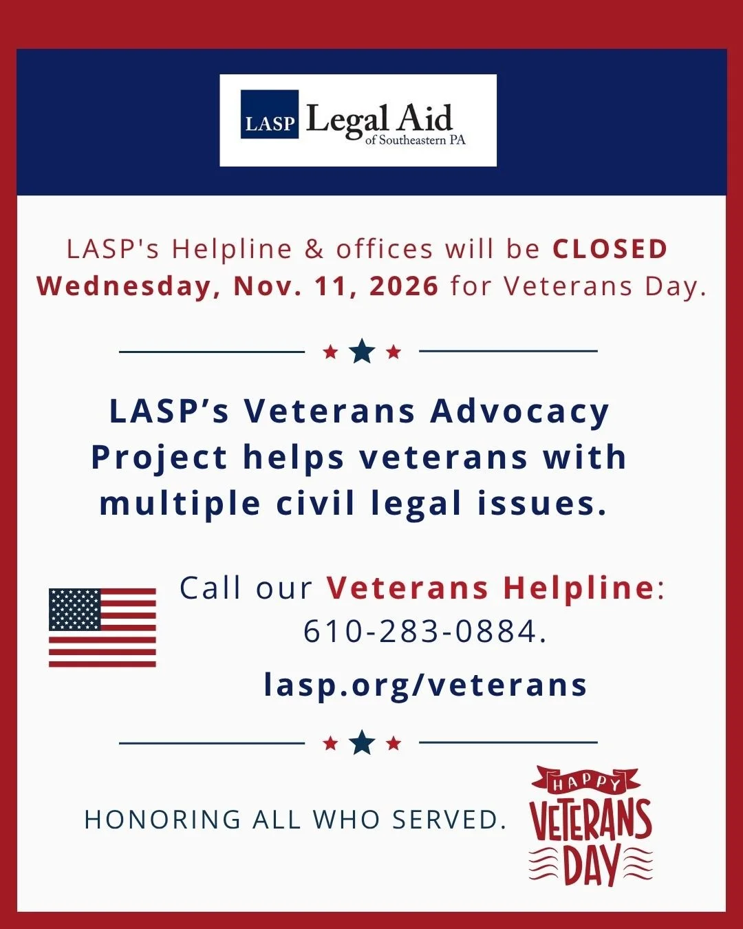 Veterans Day:  LASP Helpline and offices CLOSED