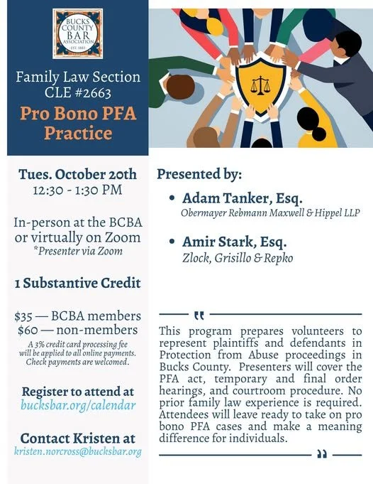 BCBA CLE for attorneys:  'Pro Bono PFA Practice' in Bucks County