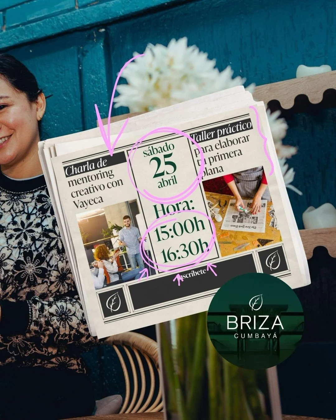 📰✨ &iquest;Y si fueras portada ma&ntilde;ana?

Este 25 de abril &middot; 15H00, te invito a una experiencia &iacute;ntima y creativa en @brizacumbaya junto a @vayeca.

Un espacio para:
reconocer tus talentos, ✨
ordenar lo que llevas dentro, 📝
y esc
