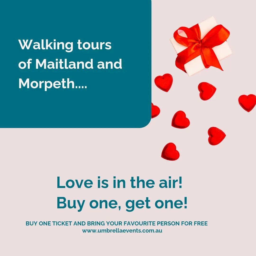 LOVE IS IN THE AIR 🩷❤️🩷
For today only - celebrating the lovers who are stuck on what to buy their significant other 🫣 book a bespoke walking tour of Morpeth or Maitland &amp; GET ONE TICKET FREE 🙌

Progressive dinner 👣 history 👣 wine 👣 food ?