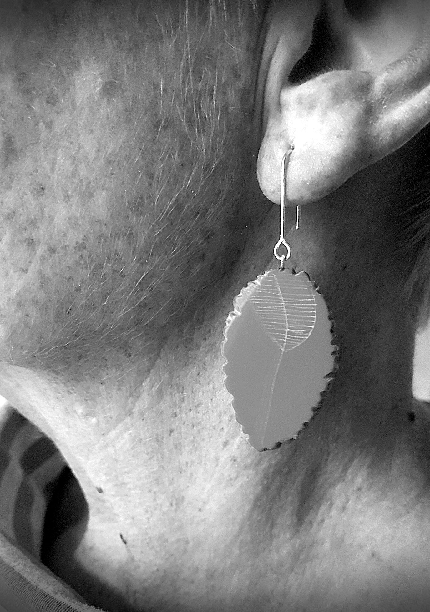 model earrings textured leaf drops green BW.jpg