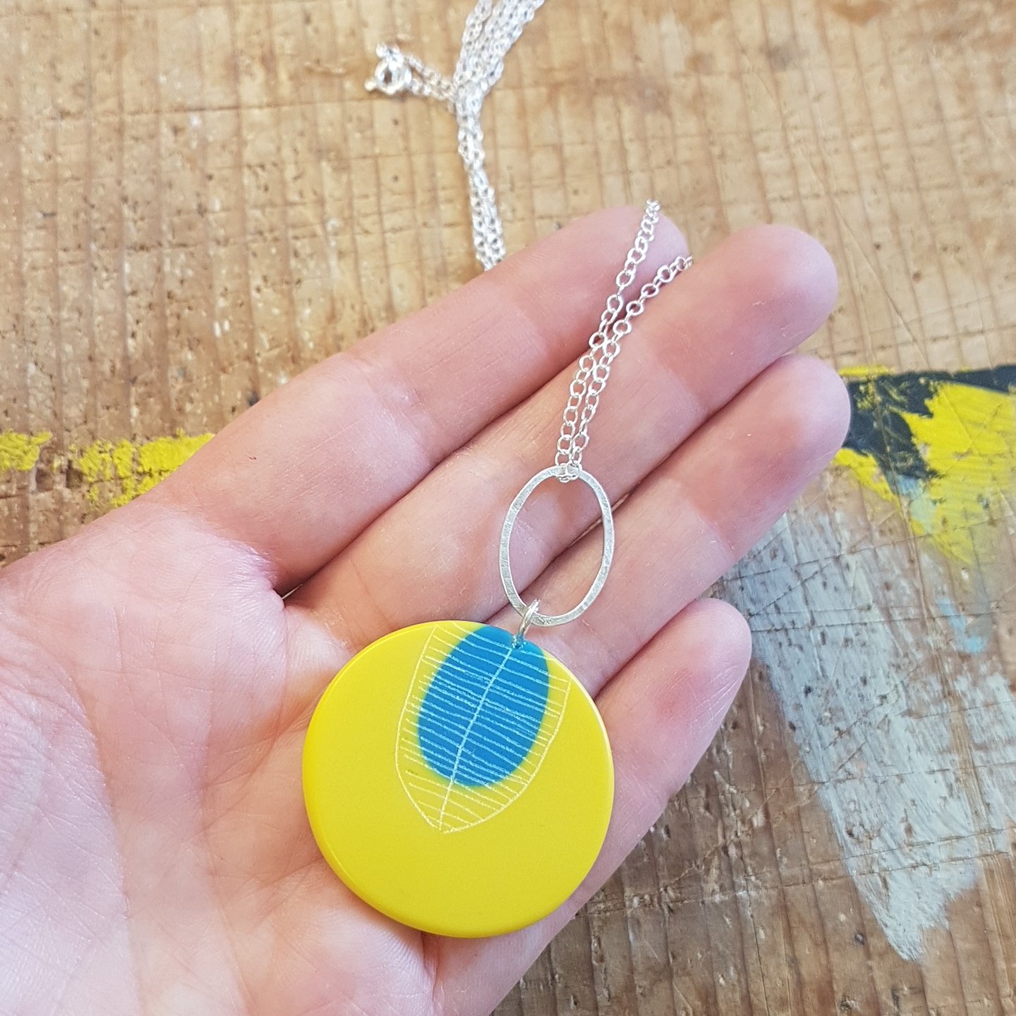 Yellow and blue extra large round pendant - Carla Edwards