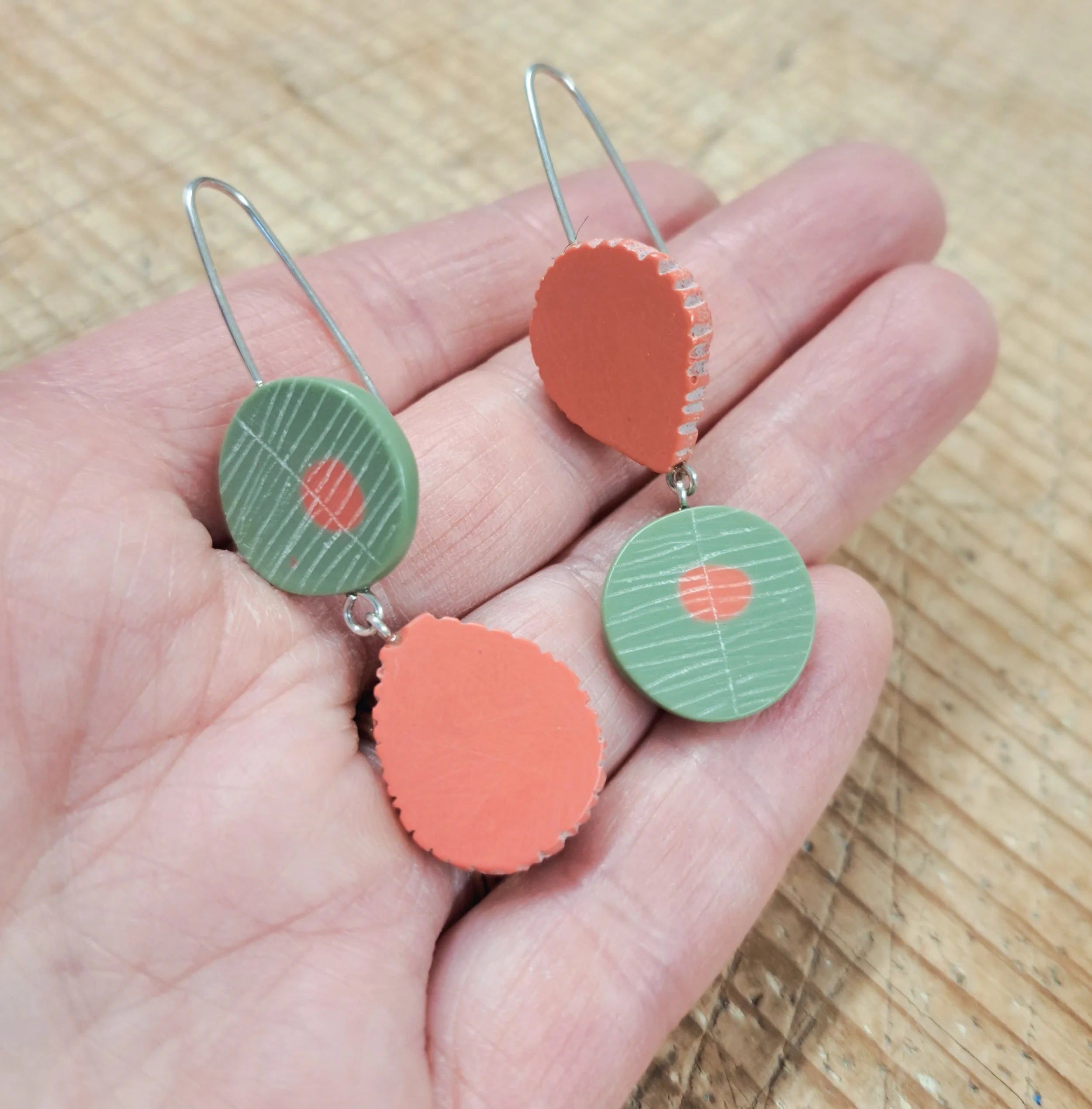 earrings double drop hook mismatch coral olive.jpg