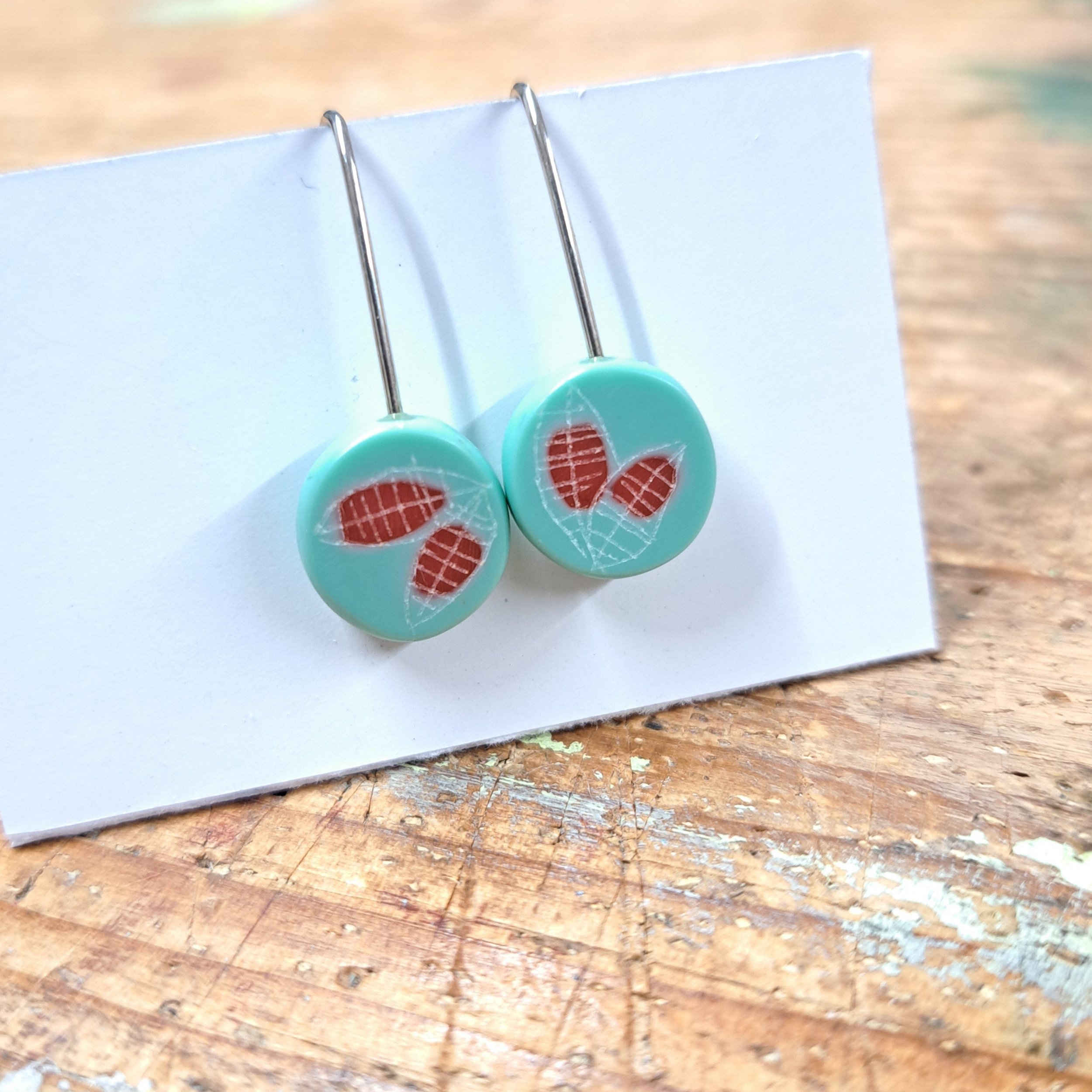 aqua and red mini round drop earrings