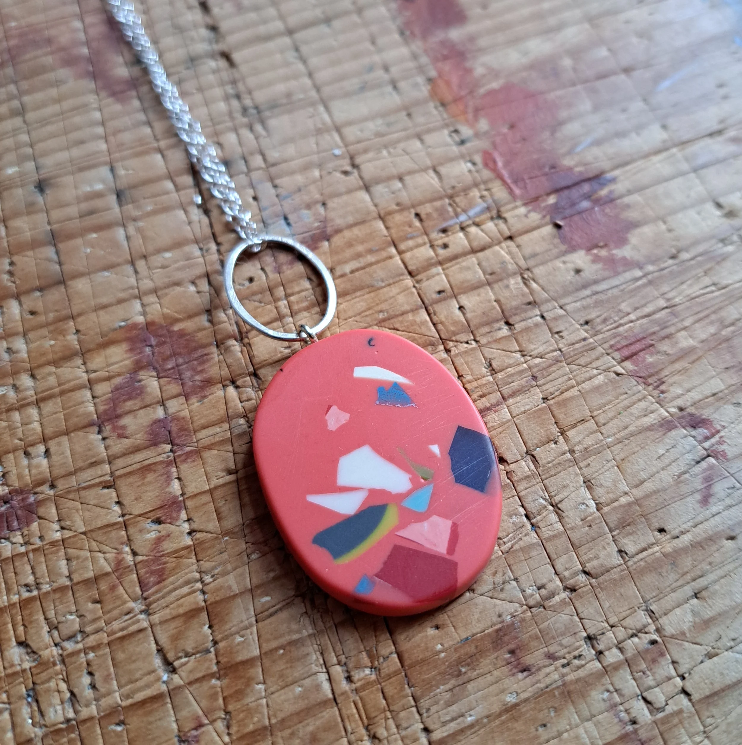 coral speckle oval pendant with link