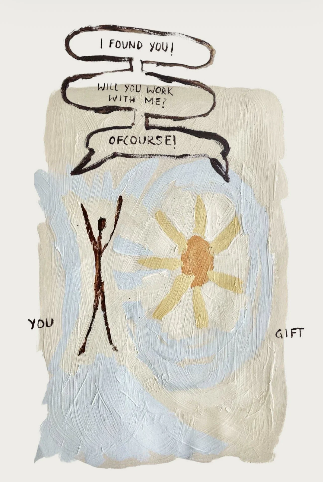 A painting of a person with arms raised in front of a large gift box with a yellow and orange ribbon bow. The person is depicted in simple black lines, and there are three speech bubbles above with the text: 'I FOUND YOU!', 'WILL YOU WORK WITH ME?', and 'OF COURSE!' The words 'YOU' and 'GIFT' are written on either side of the painting.