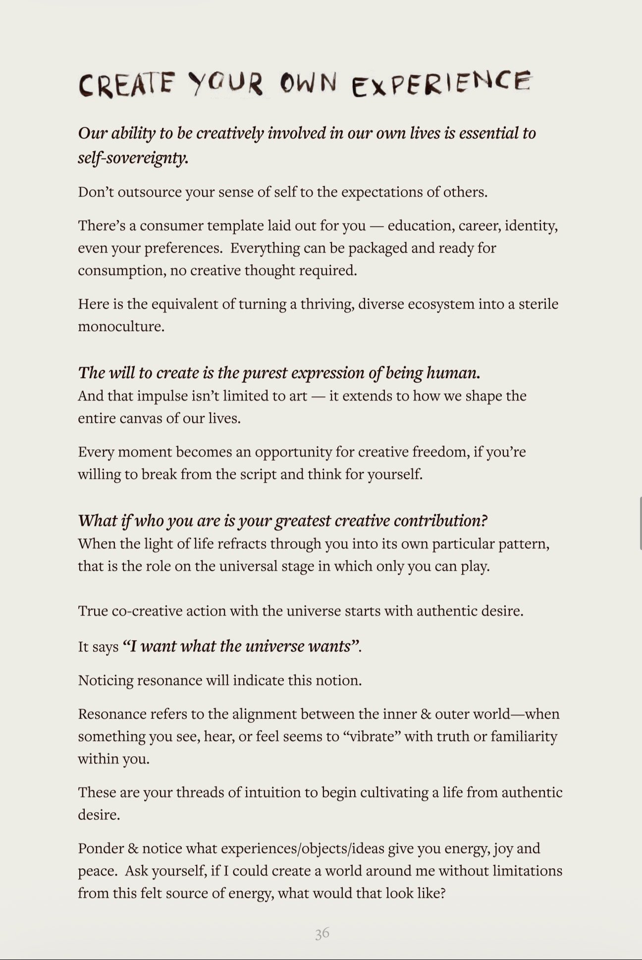 A page from a book or magazine titled 'Create Your Own Experience,' discussing self-creation, creativity, and aligning with the universe.