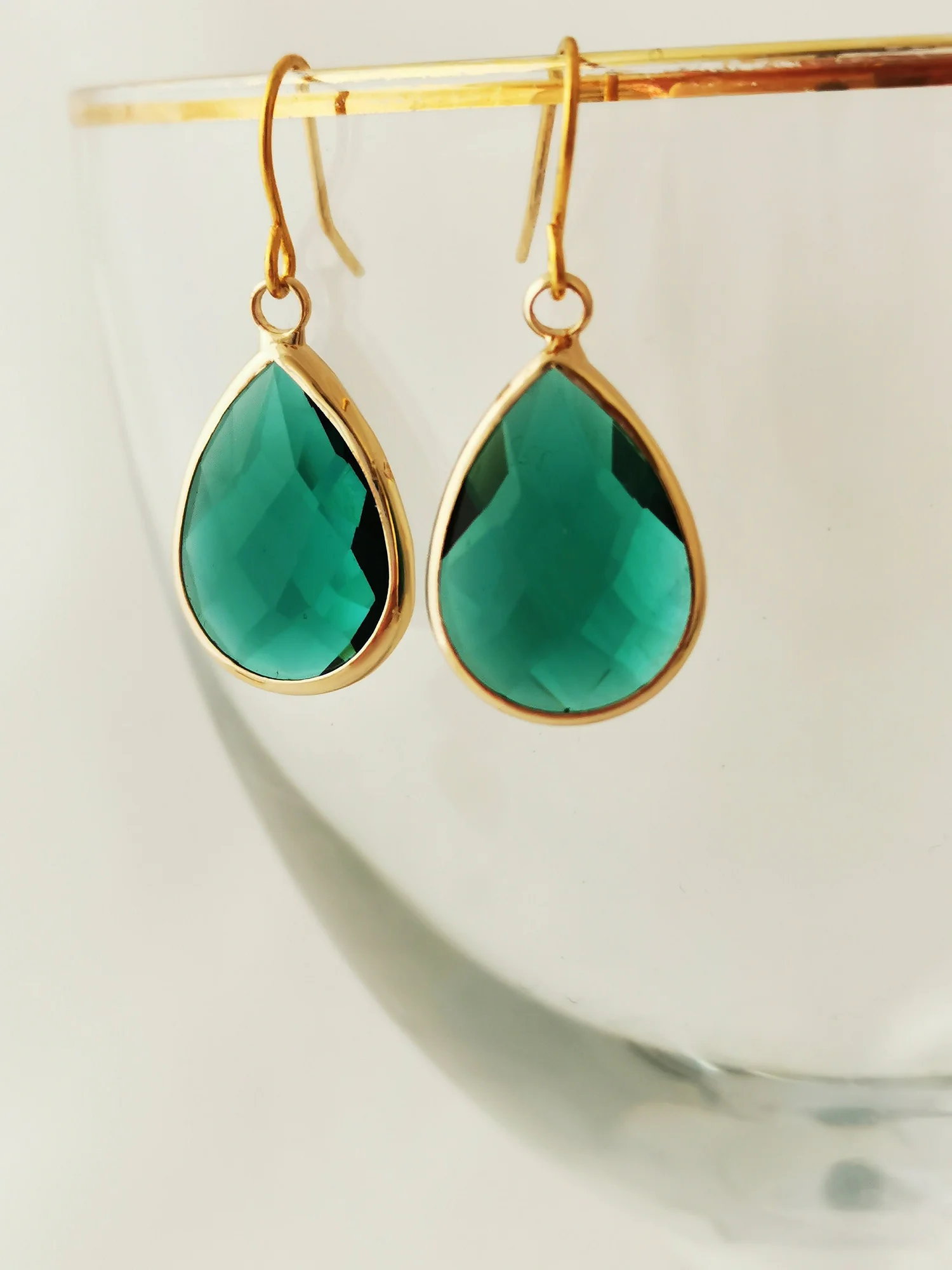 Gold and teal faceted glass teardrop earrings, hypoallergenic