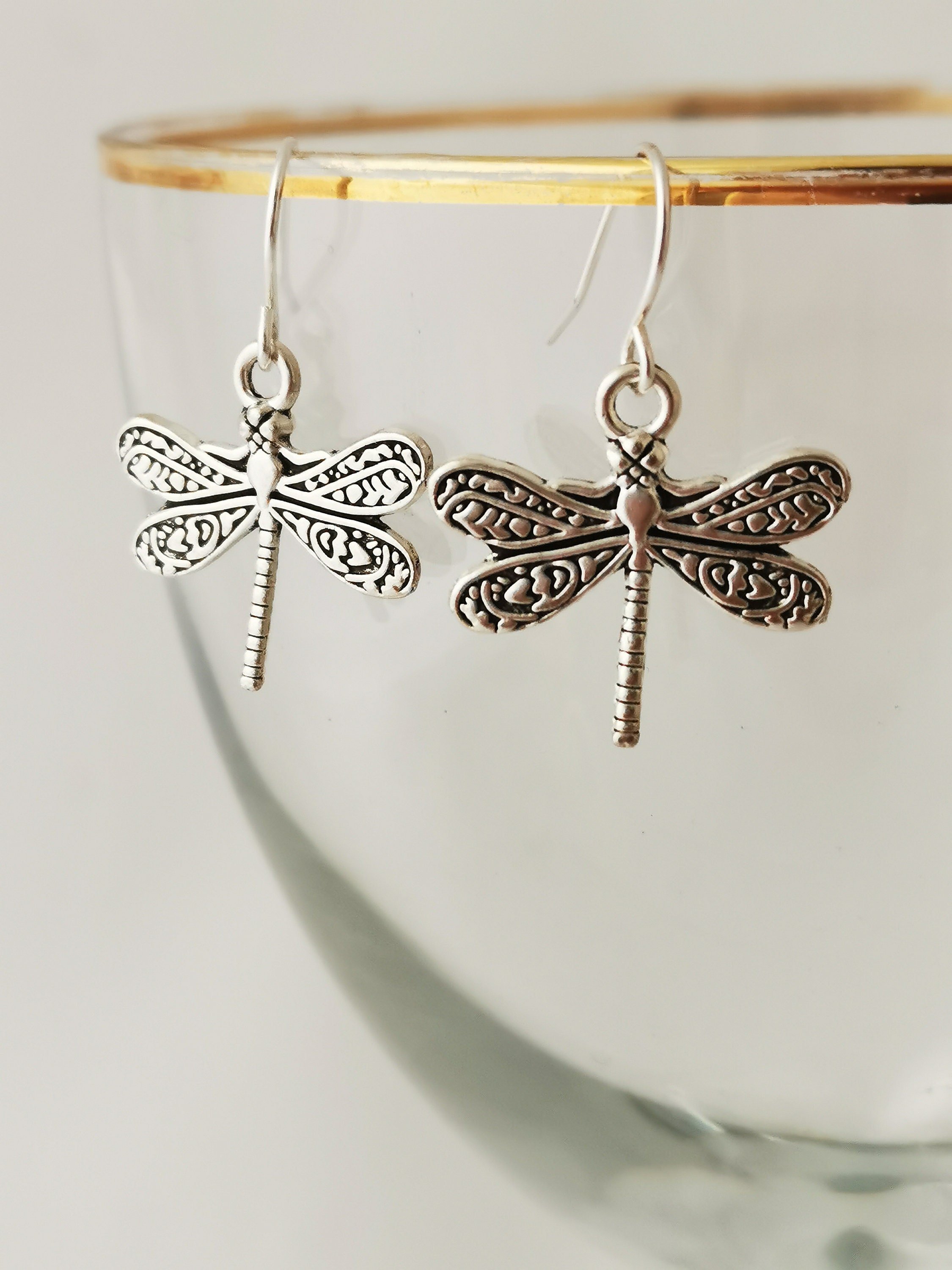 Silver dragonfly earrings. Silver plated, nickel free hypoallergenic