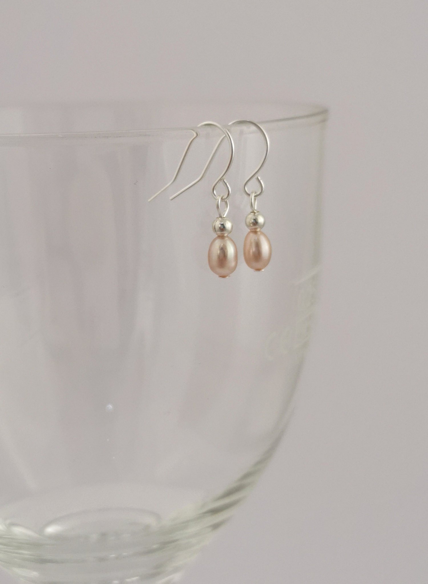 Single tiny mm natural pink freshwater pearl drop earrings