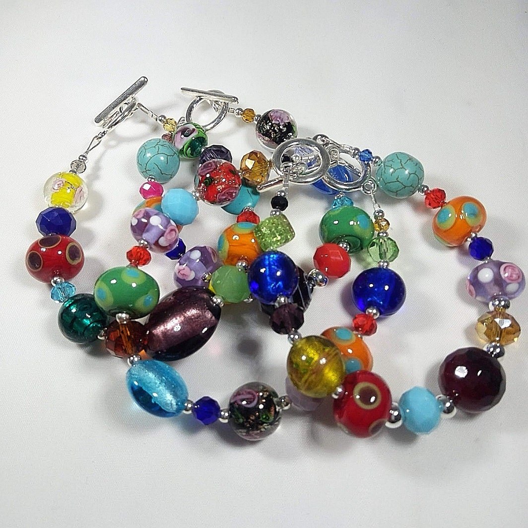 Colourful mixed glass and stone bead bracelet