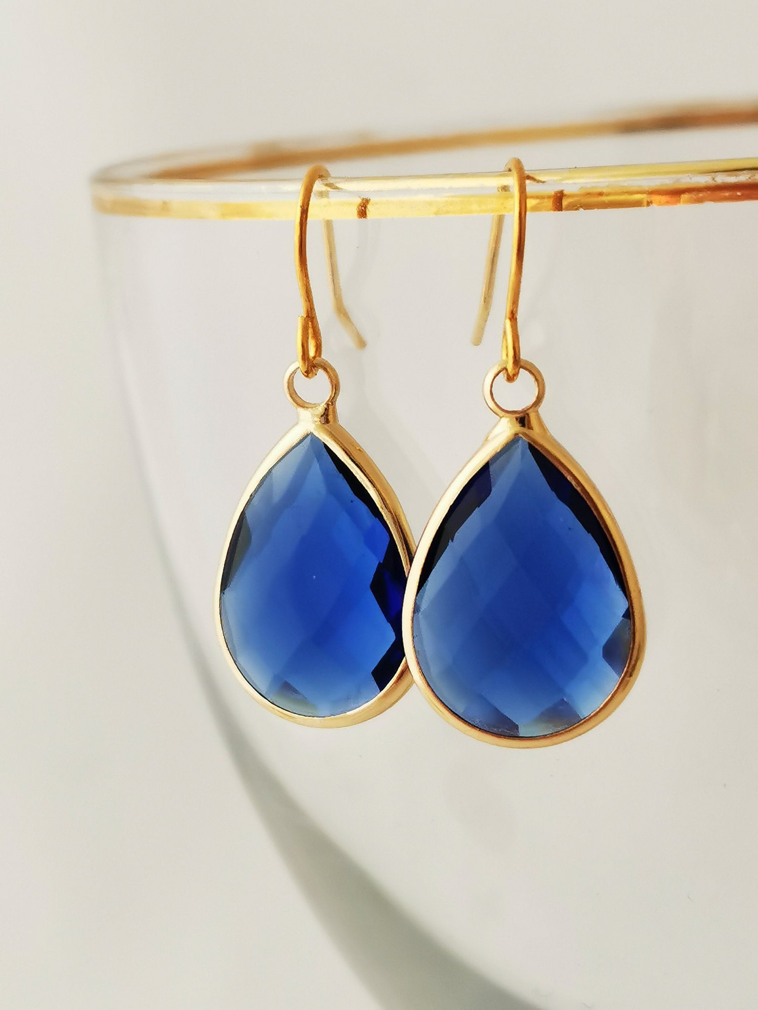 Royal blue faceted glass drop Gold plated