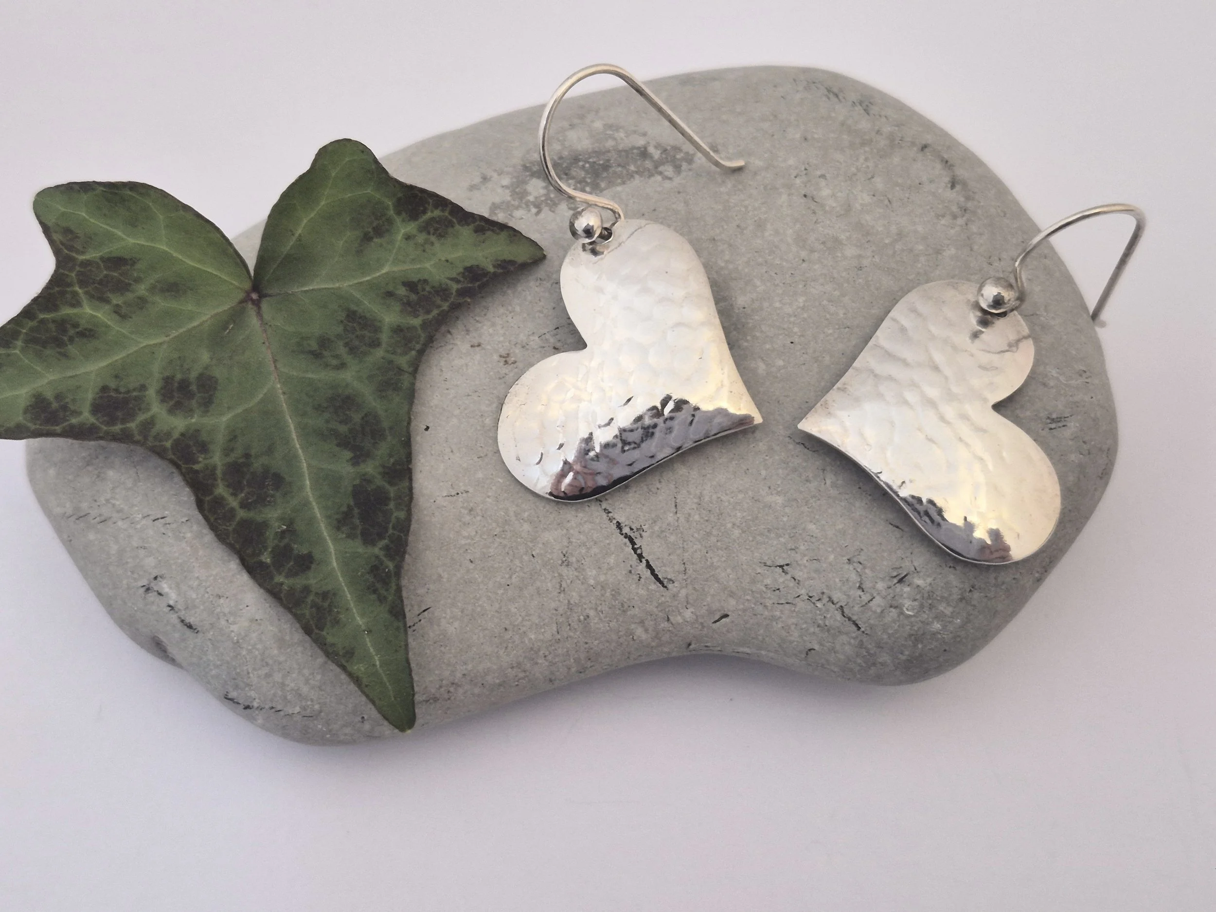Large sterling silver hammered heart earrings