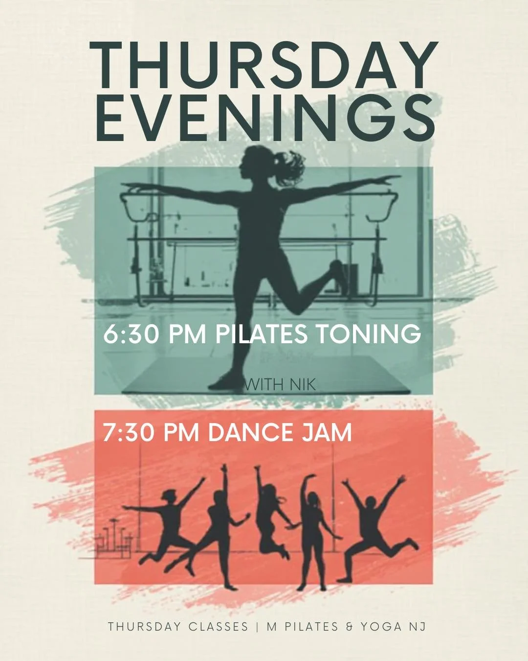 Thursday Nights with Nik 🔥�Double the energy, double the fun!
💪 6:30 PM &ndash; Pilates Toning�Strengthen, sculpt, and align your body with a full-body toning session.
💃 7:30 PM &ndash; Dance Jam�Turn up the music and let loose with a high-energy 