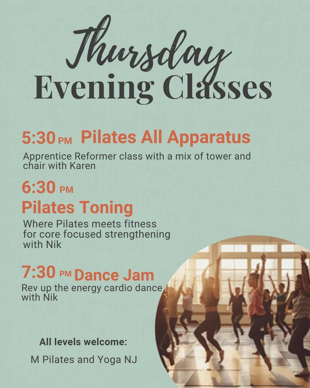 📢Space still available 📢 
Thursday Nights at M Pilates &amp; Yoga NJ!
Your midweek energy boost is waiting 💪✨
🕠 5:30 PM &ndash; Pilates All Apparatus with Karen
🕕 6:30 PM &ndash; Pilates Toning with Nik
🕢 7:30 PM &ndash; Dance Jam with Nik &nda