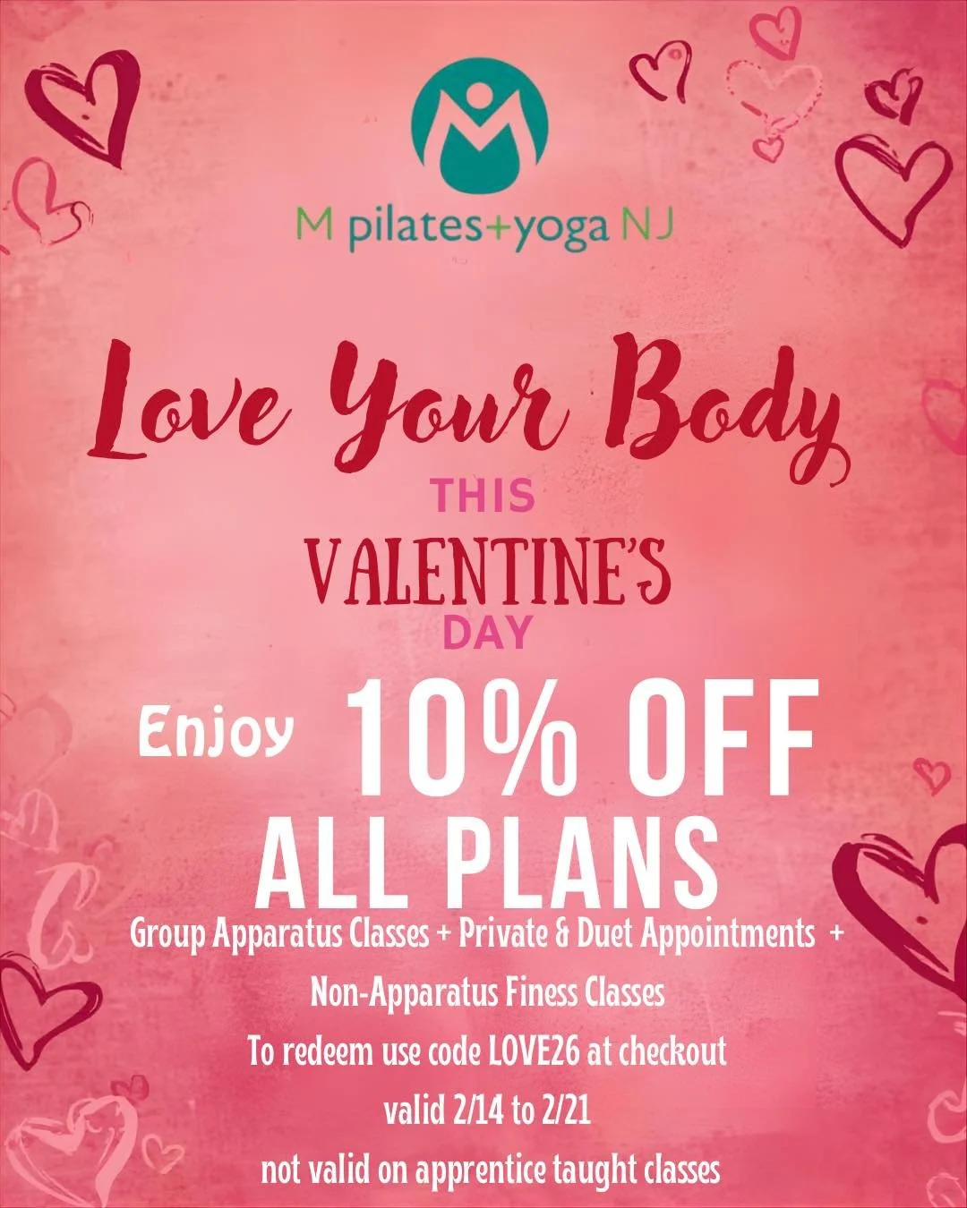 --- 
**Fall in love with your movement this Valentine&rsquo;s Day!** 💕 

Treat yourself (or someone special) to mindful strength and balance. Enjoy **10% off all plans** for group apparatus classes, private sessions, and duet appointments as well as