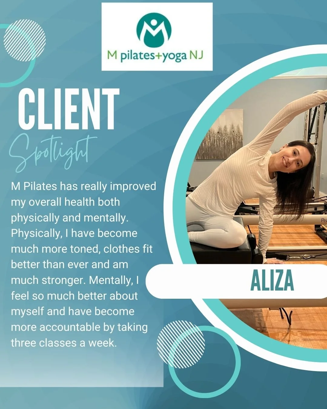 Congratulations to our Client of the Month of February, Aliza!

When and why did you first start coming to M Pilates and Yoga NJ?
- I started Pilates at M Pilates in April of 2025. I wanted to get back in shape and was looking for a way to do so. I&r