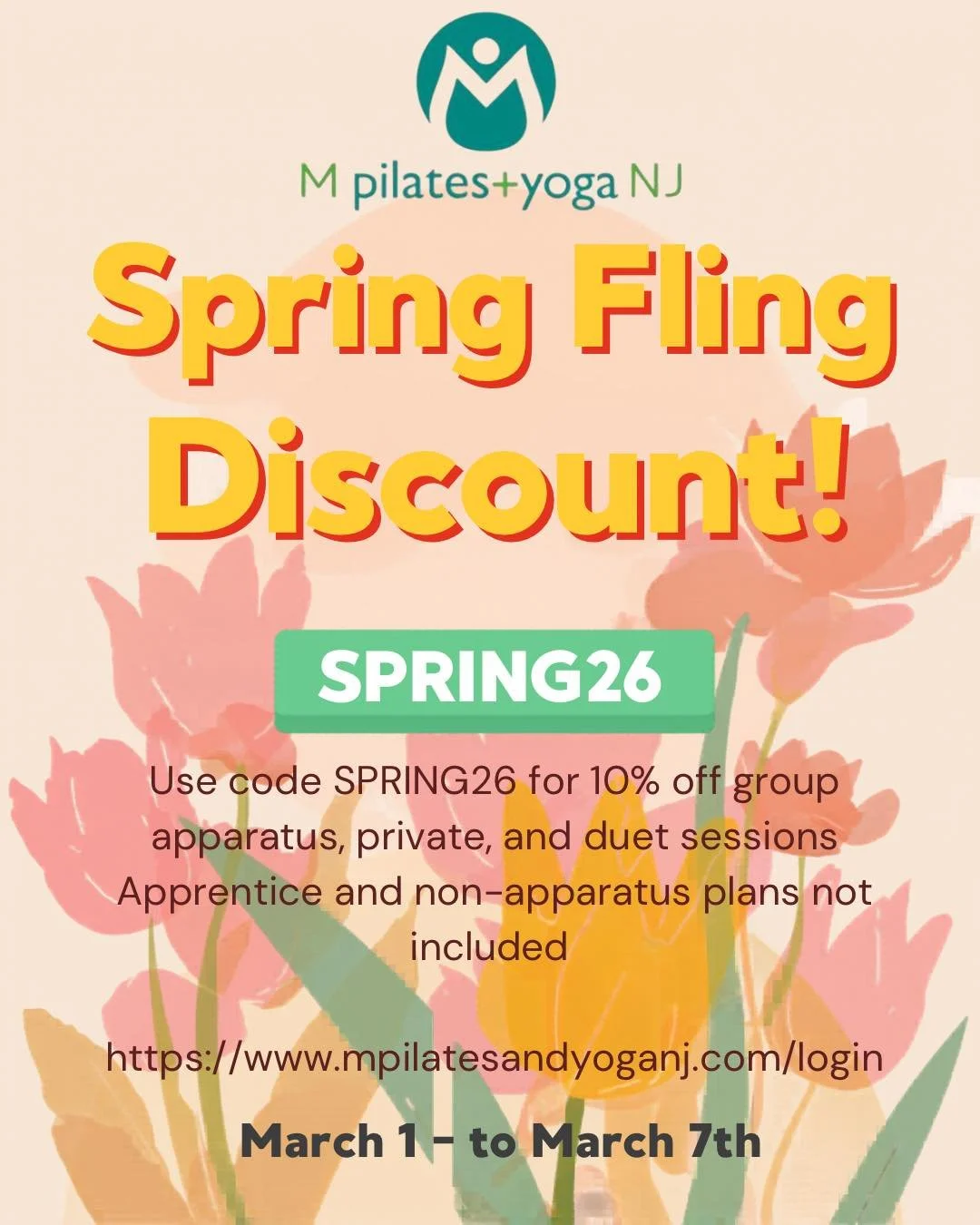 Spring Fling Savings Are Here! 🌸
Step into spring feeling strong and refreshed. Enjoy 10% off your next group apparatus , private, or duet plan with code SPRING26. Valid 4/1-4/7. Does not apply to apprentice or non-apparatus classes. 
Let&rsquo;s mo