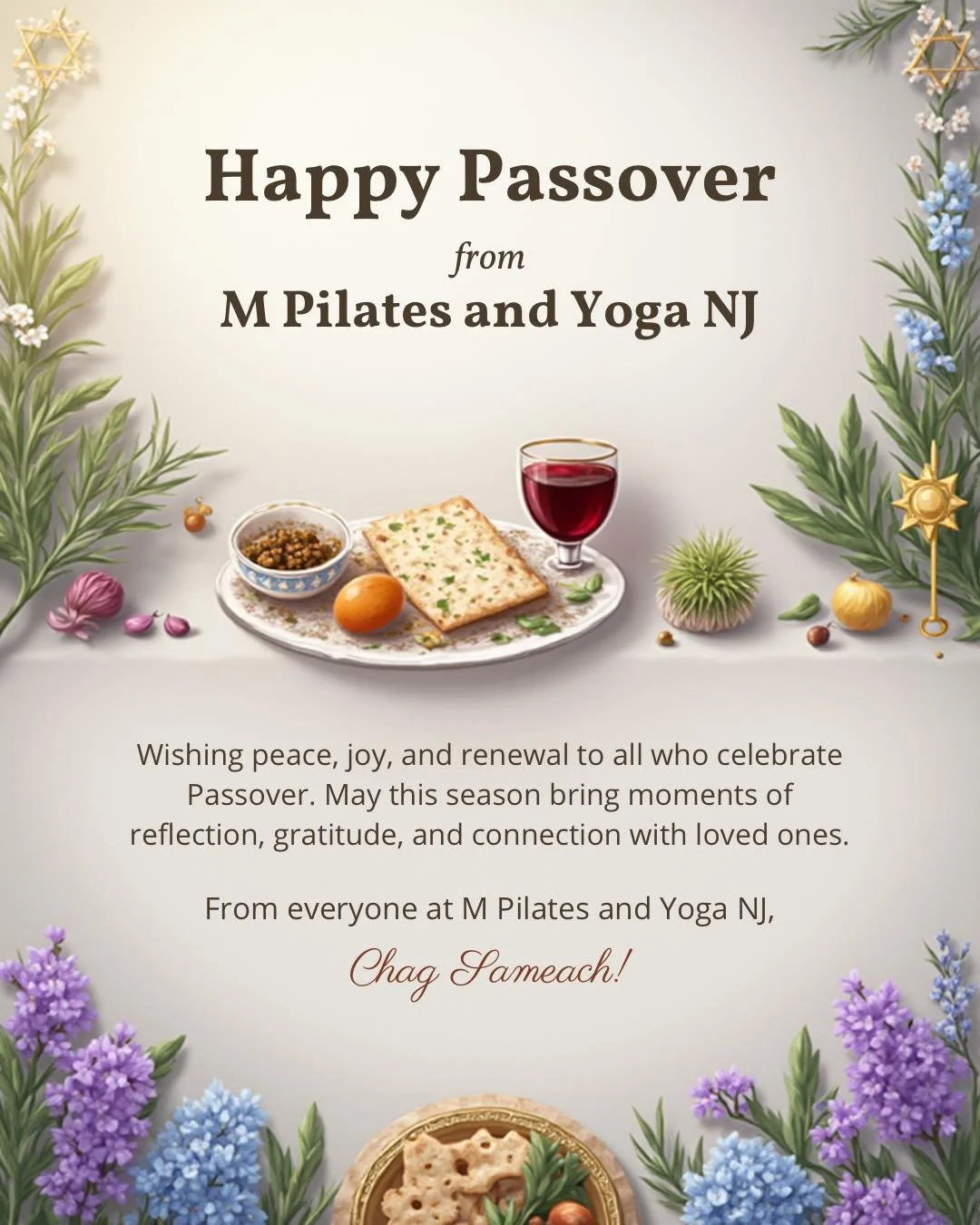 Happy Passover from M Pilates and Yoga NJ
Wishing peace, joy, and renewal to all who celebrate Passover. May this season bring moments of reflection, gratitude, and connection with loved ones.
From everyone at M Pilates and Yoga
