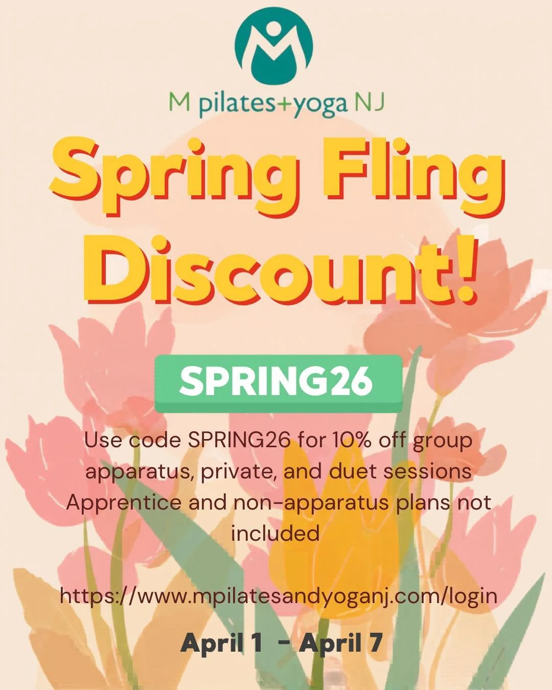 EDITED: Spring Fling Savings Are Here! 🌸
Step into spring feeling strong and refreshed. Enjoy 10% off your next group apparatus , private, or duet plan with code SPRING26. Valid 4/1-4/7. Does not apply to apprentice or non-apparatus classes. 
Let&rs