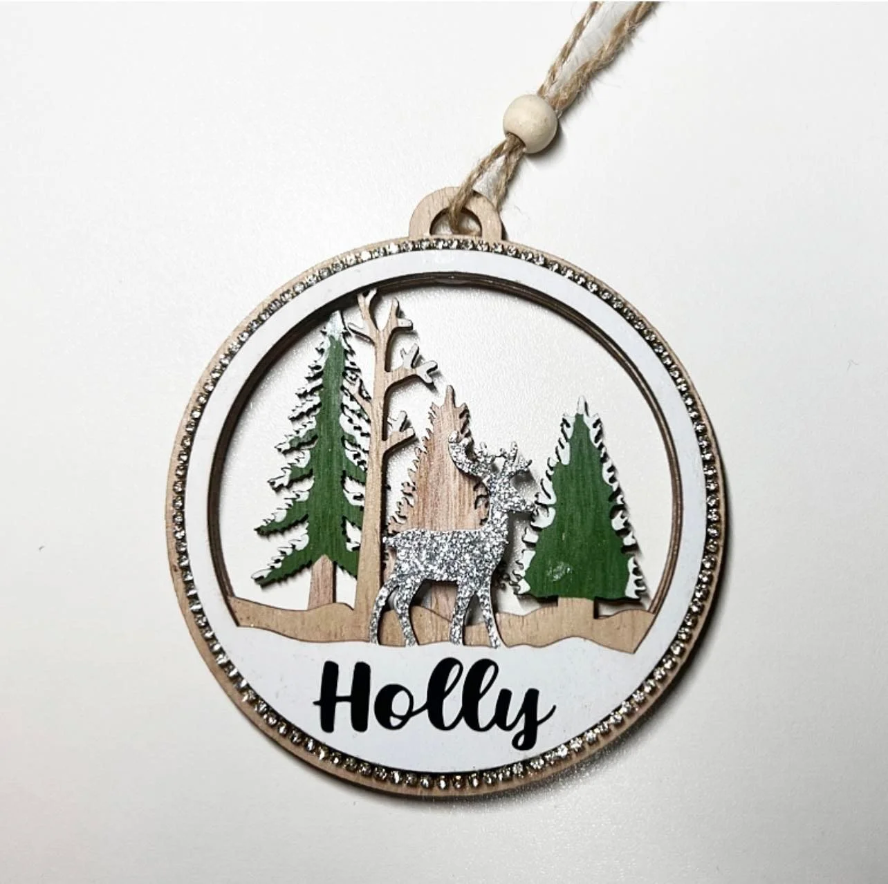 Personalised christmas decoration with wooden reindeer and glitter.jpg