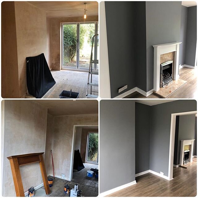 🔹Transformation🔸 (LEFT➡️RIGHT) 
One of our amazing customers has decided to get new plaster done on their walls and ceiling in the main living room with a new colour way; Dark Slate(dulux easycare) &amp; Cauliflower White(dulux easycare). Looks per