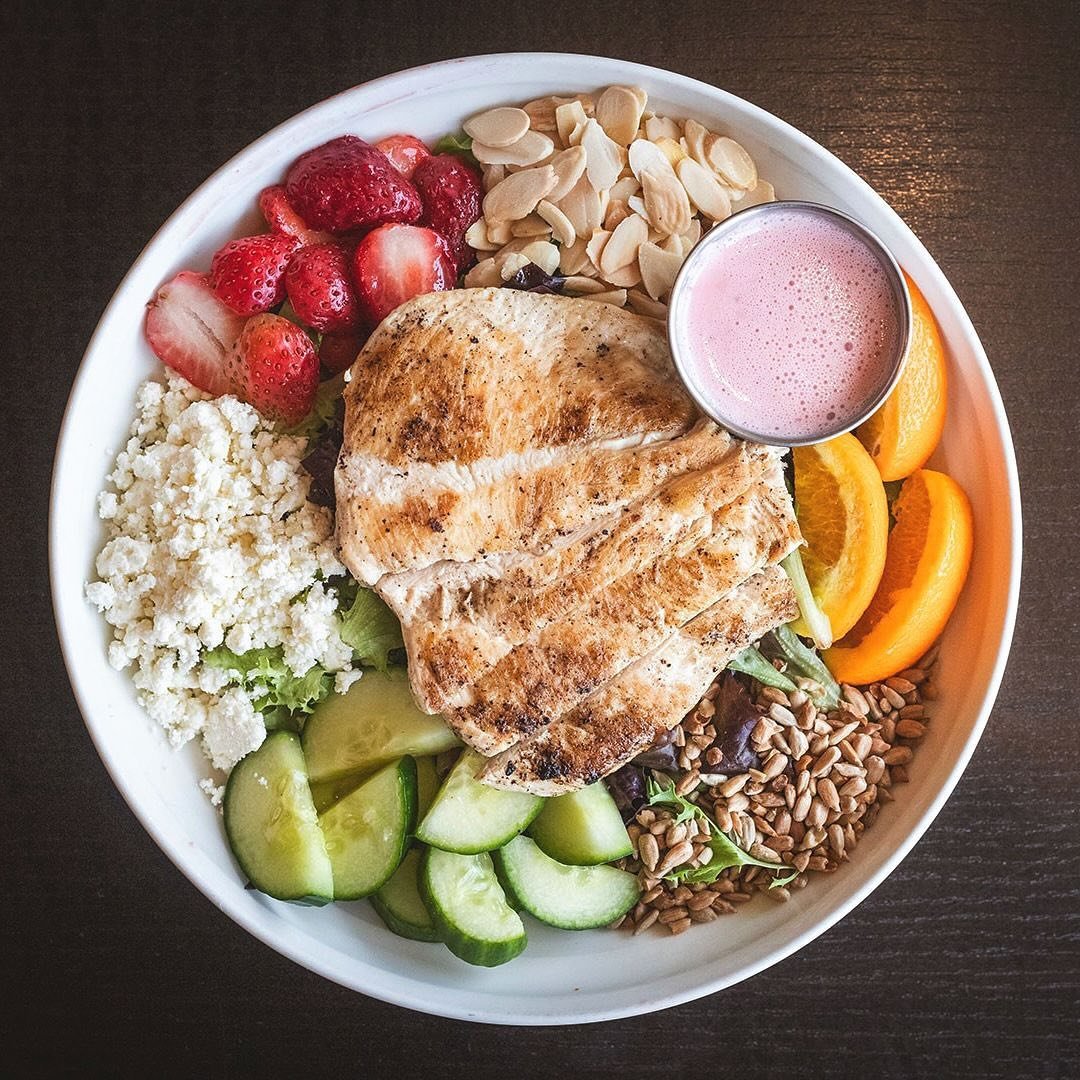 All the pleasures, none of the guilt 🌸 Spring Fling Bowl⁠
⁠
Spring mix, feta, cucumber, almonds, strawberries, orange, grilled chicken or salmon, strawberry vinaigrette, sunflower seeds⁠
⁠
Leominster location only!