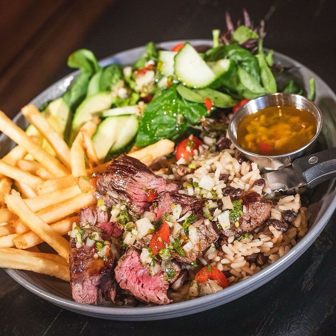 I&rsquo;m going going...back back...for this Cali Cali...bowl⁠
⁠
The California Burrito Bowl &ndash; marinated skirt steak, beans, rice, field greens, french fries, avocado, chimichurri sauce⁠
⁠
Marlborough location only for a limited time!