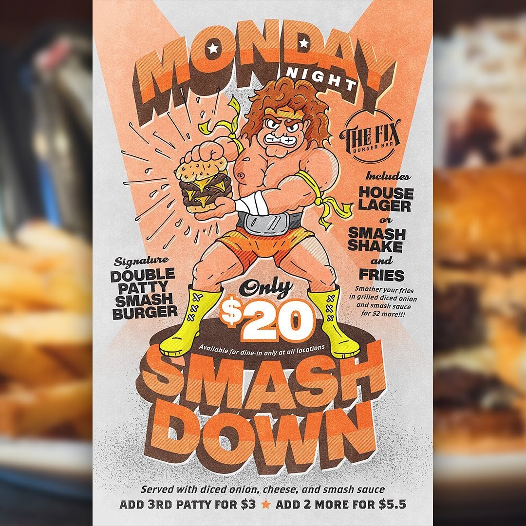 Ding ding ding...starting today at all locations...Monday Night Smashdown!!! Get a double patty smash burger (diced onions, cheese, and smash sauce), fries and your choice of our weekly featured &lsquo;Smash Shake&rsquo; or our &lsquo;Grass Fed&rsquo