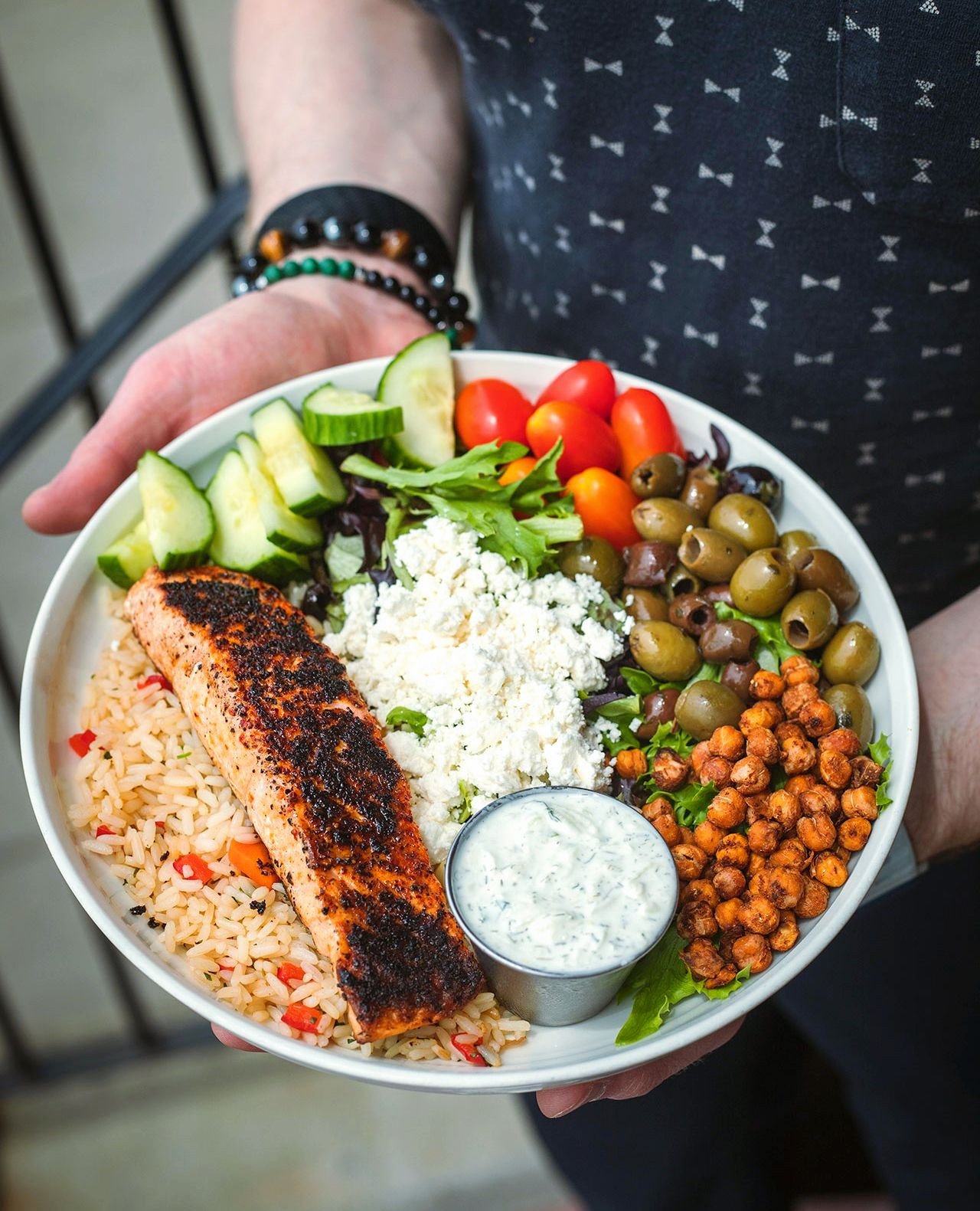 Whichever this diet is. I'm on it.⁠
⁠
Tajin spiced salmon, confetti rice, mixed greens, tomato, cucumber, olives, toasted chick peas, feta, tzatziki⁠
⁠
Now in Worcester!