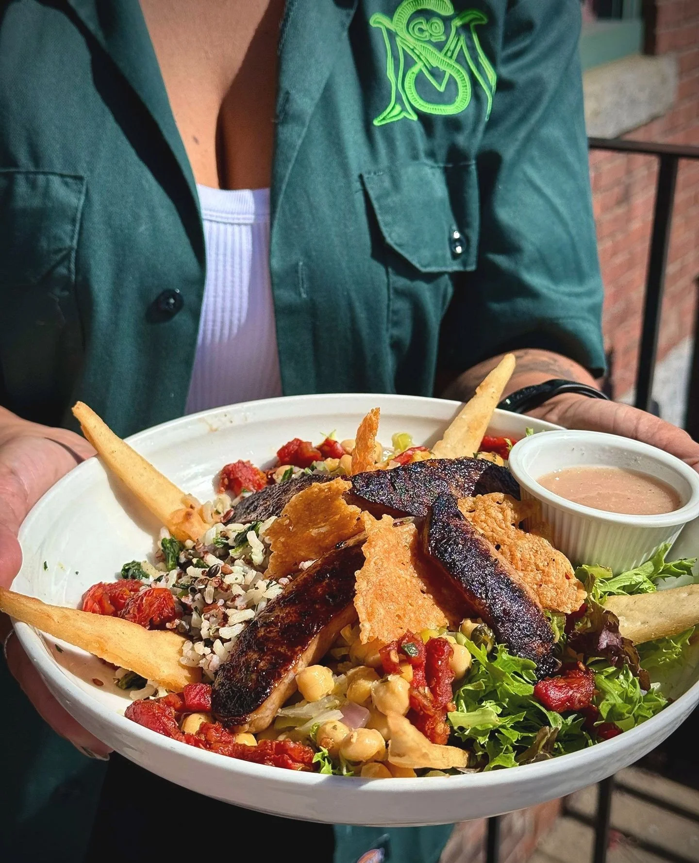 One bowl to rule them all...The Basileus⁠
⁠
Hot sausage, mixed greens, ancient grains, balsamic sundried tomatoes, chickpea succotash, fried pita, parmesan crisp, Italian dressing⁠
⁠
Now in Worcester!