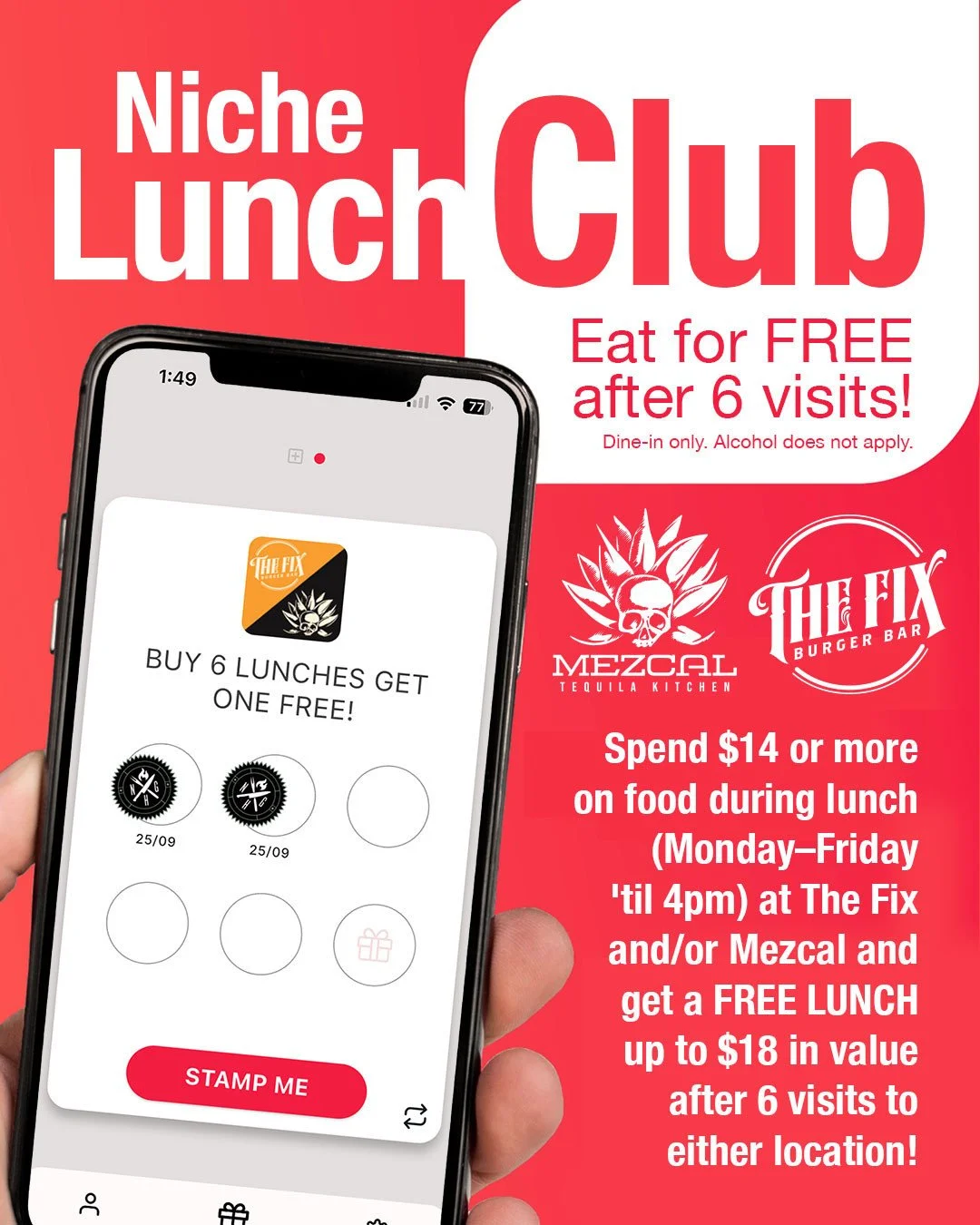 Did someone say FREE LUNCH?! ⁠
⁠
Spend $14 or more on food during lunch (Monday&ndash;Friday 'til 4pm) at The Fix and/or Mezcal and get a FREE LUNCH up to $18 in value after 6 visits to either location.⁠
⁠
It takes less than a minute to join our Lunc