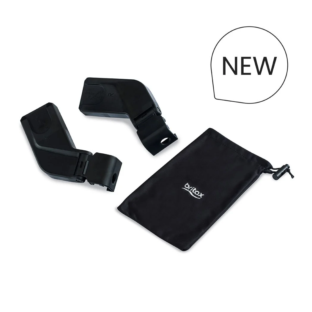New. A pair of black infant car seat adapters for a stroller with a black drawstring bag. 