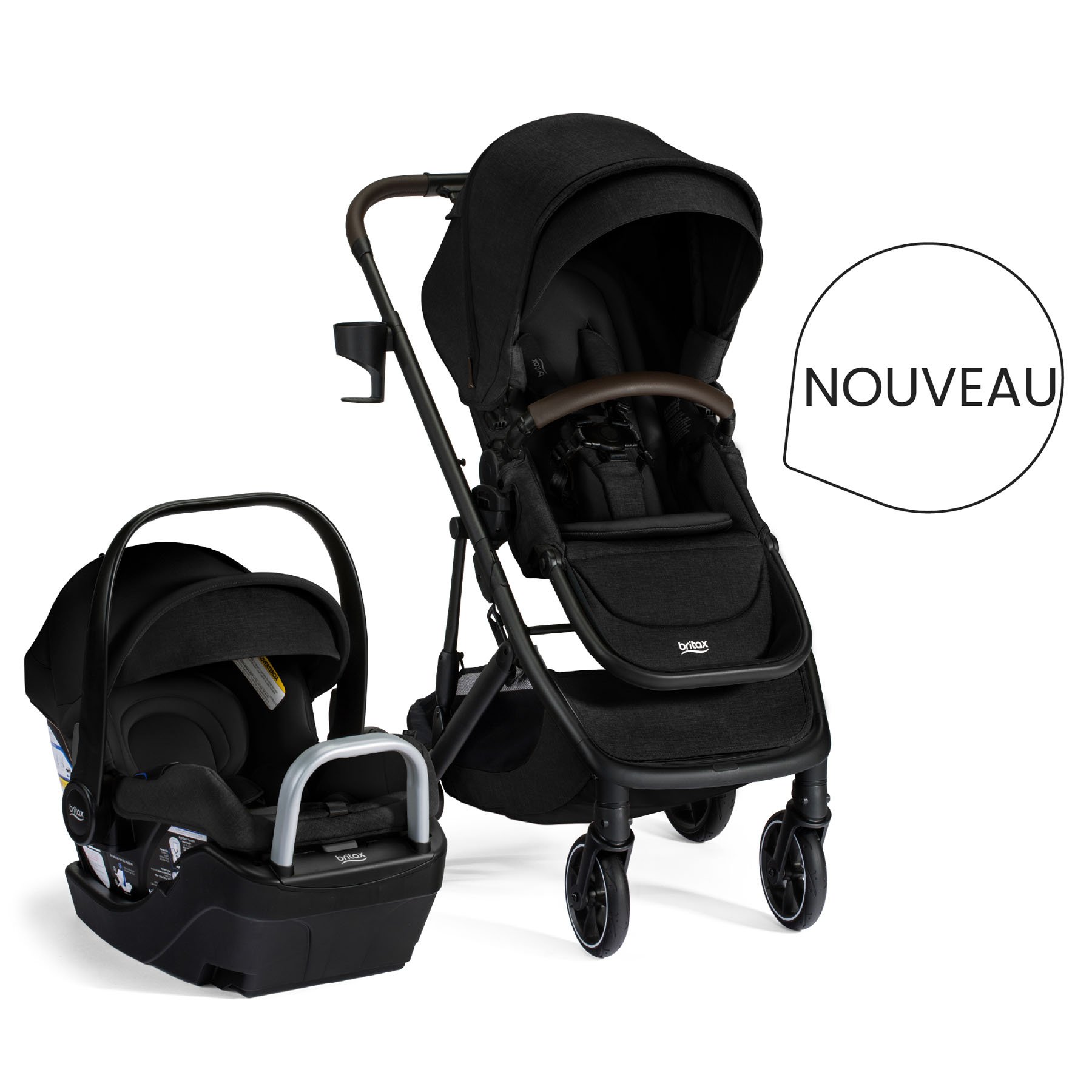 Nouveau. Une poussette noire et un siège d’auto pour nourrisson et base. 
