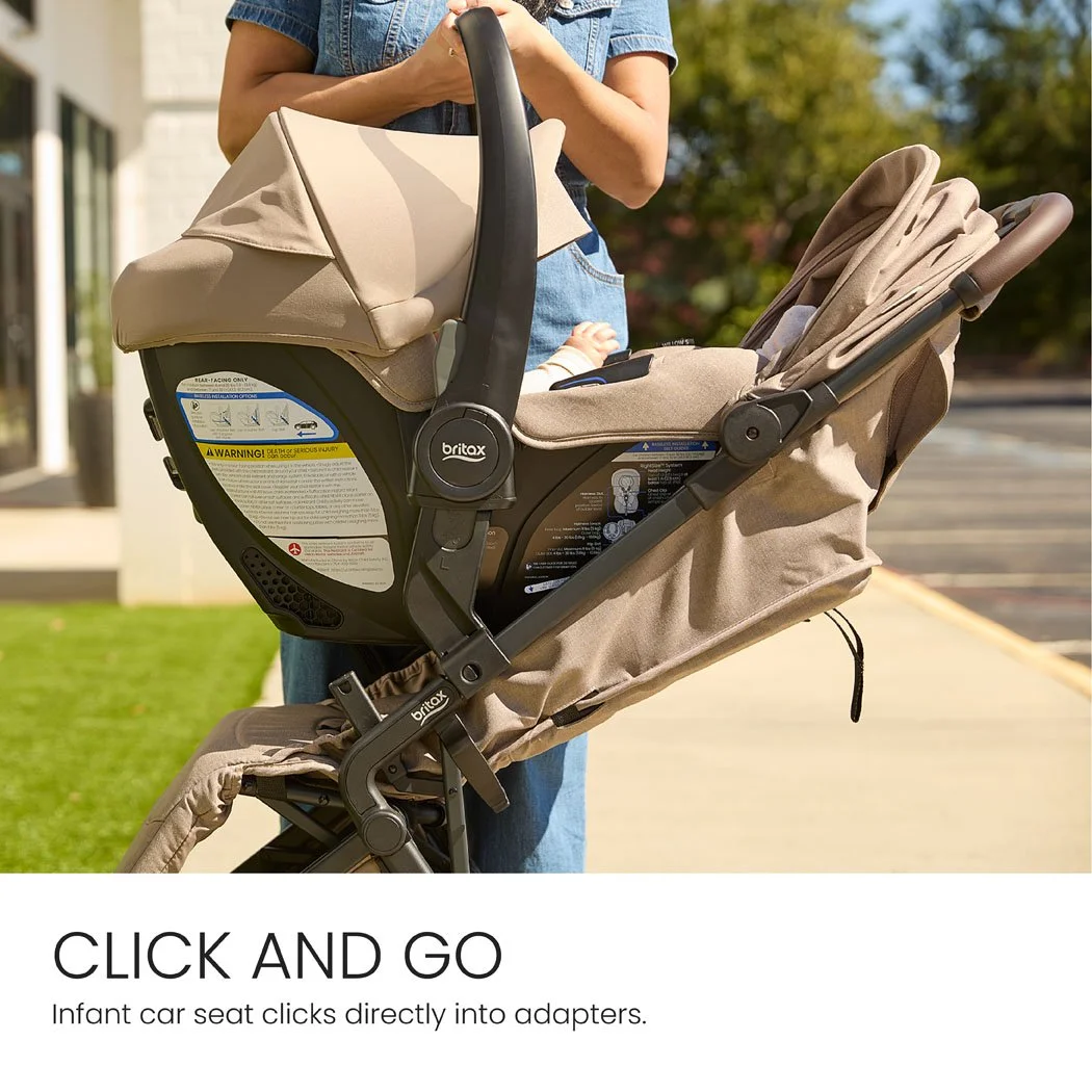 Click and go. Infant car seat clicks directly into adapters.