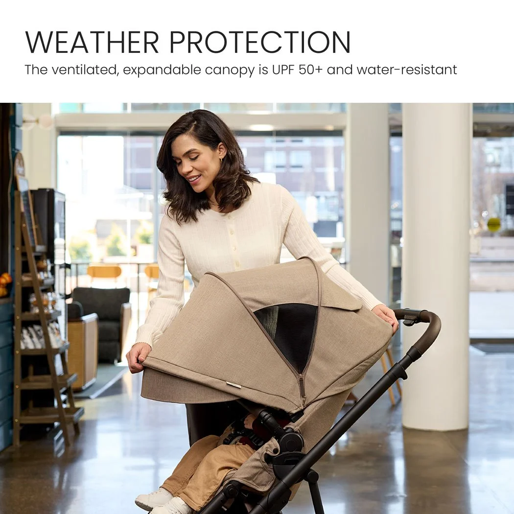 Weather protection. The ventilated, expandable canopy is UPF 50+ and water-resistant. 