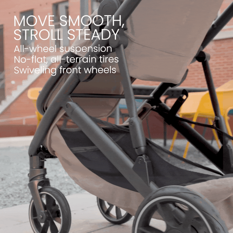 Move smooth, stroll steady. All-wheel suspension, no-flat all-terrain tires, swiveling front wheels. 