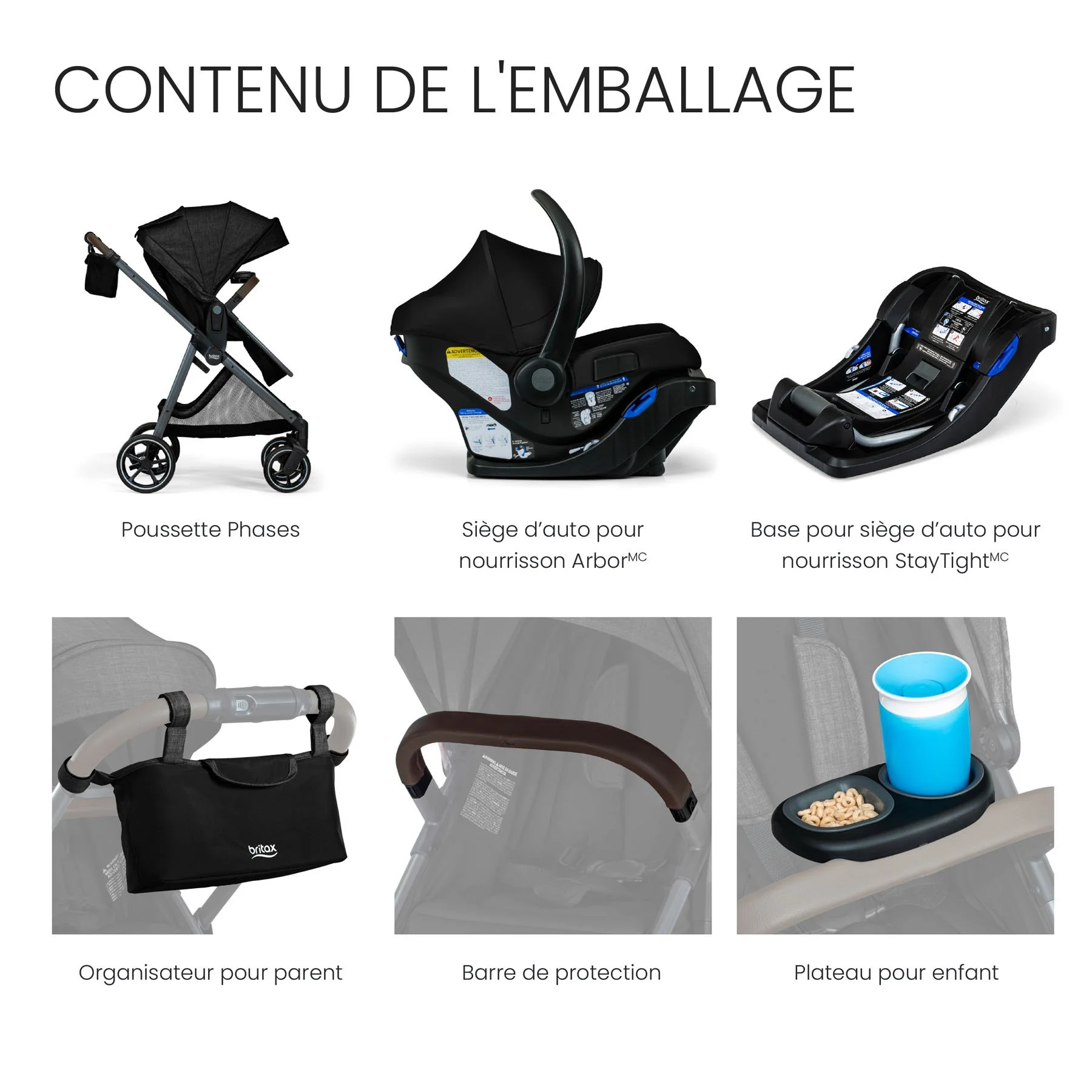 Poussette Phases, siège d’auto pour nourrisson, base, organisateur pour parent, barre de protection, plateau pour enfant