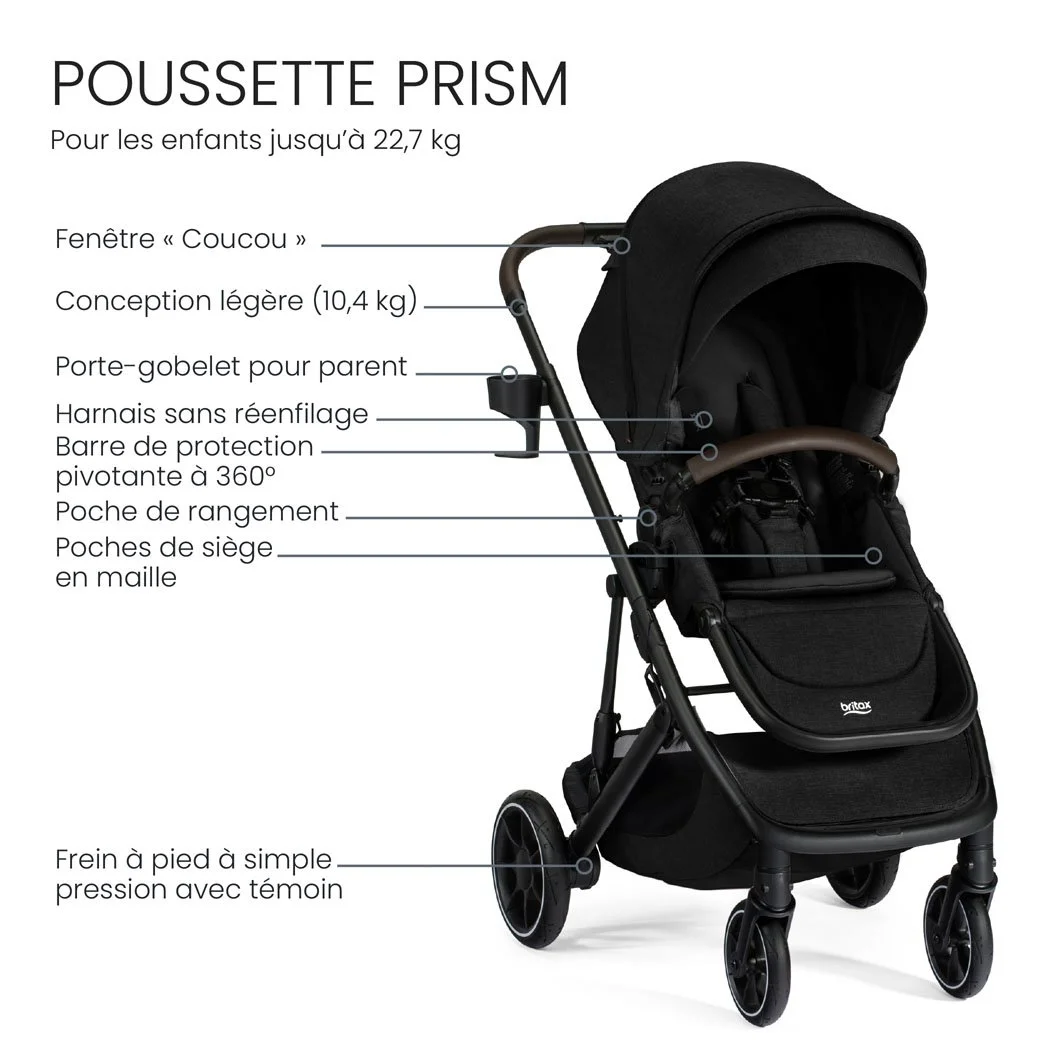Poussette Prism : jusqu’à 50 lb. Fenêtre coucou, légère, porte-gobelet parent, harnais sans réenfilage. 