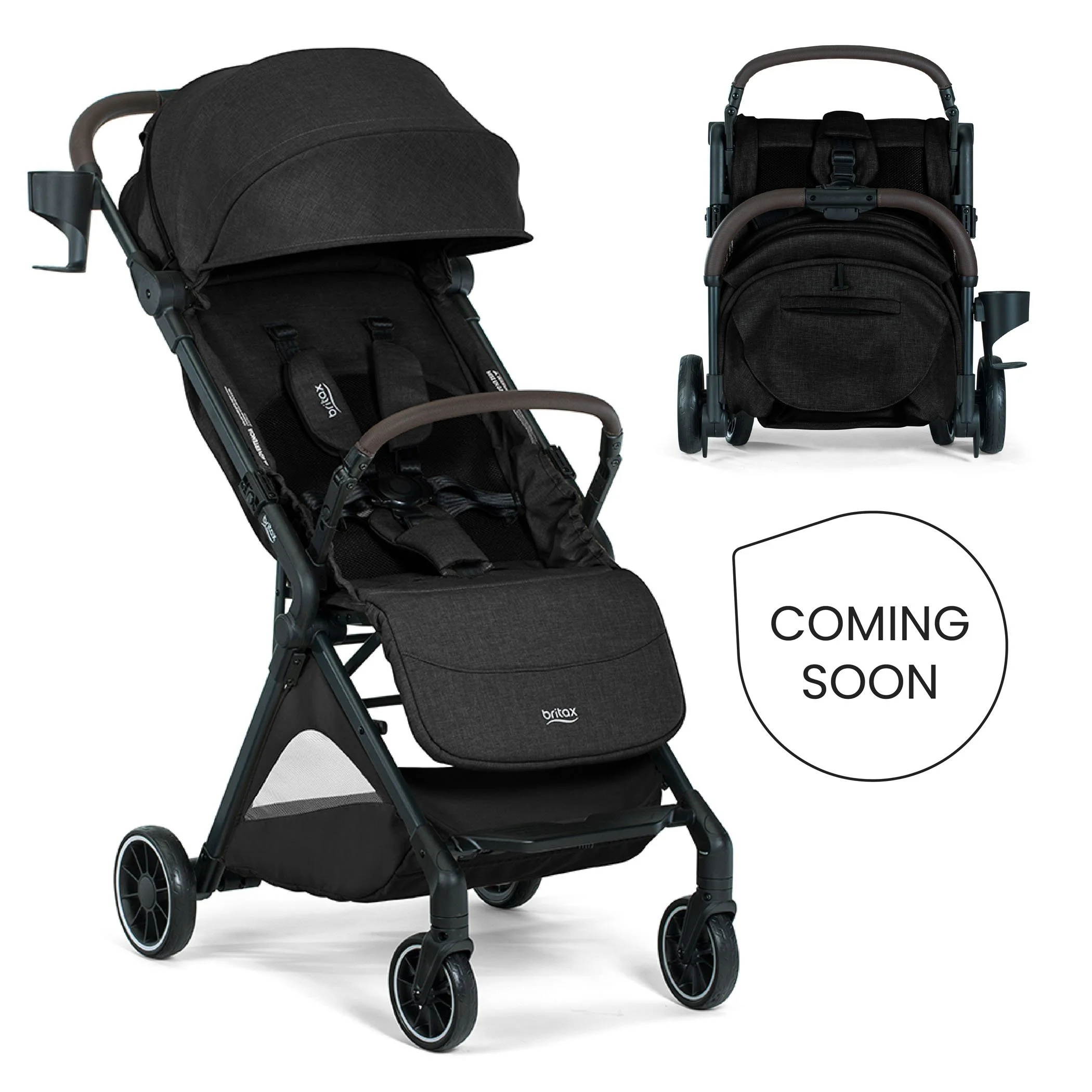 Coming soon. A black stroller with a brown bumper bar, a canopy, a storage basket, a cup holder, and the Britax logo. 