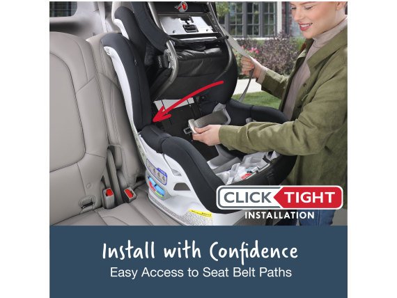 Woman installing boulevard clicktight carseat with clicktight installation