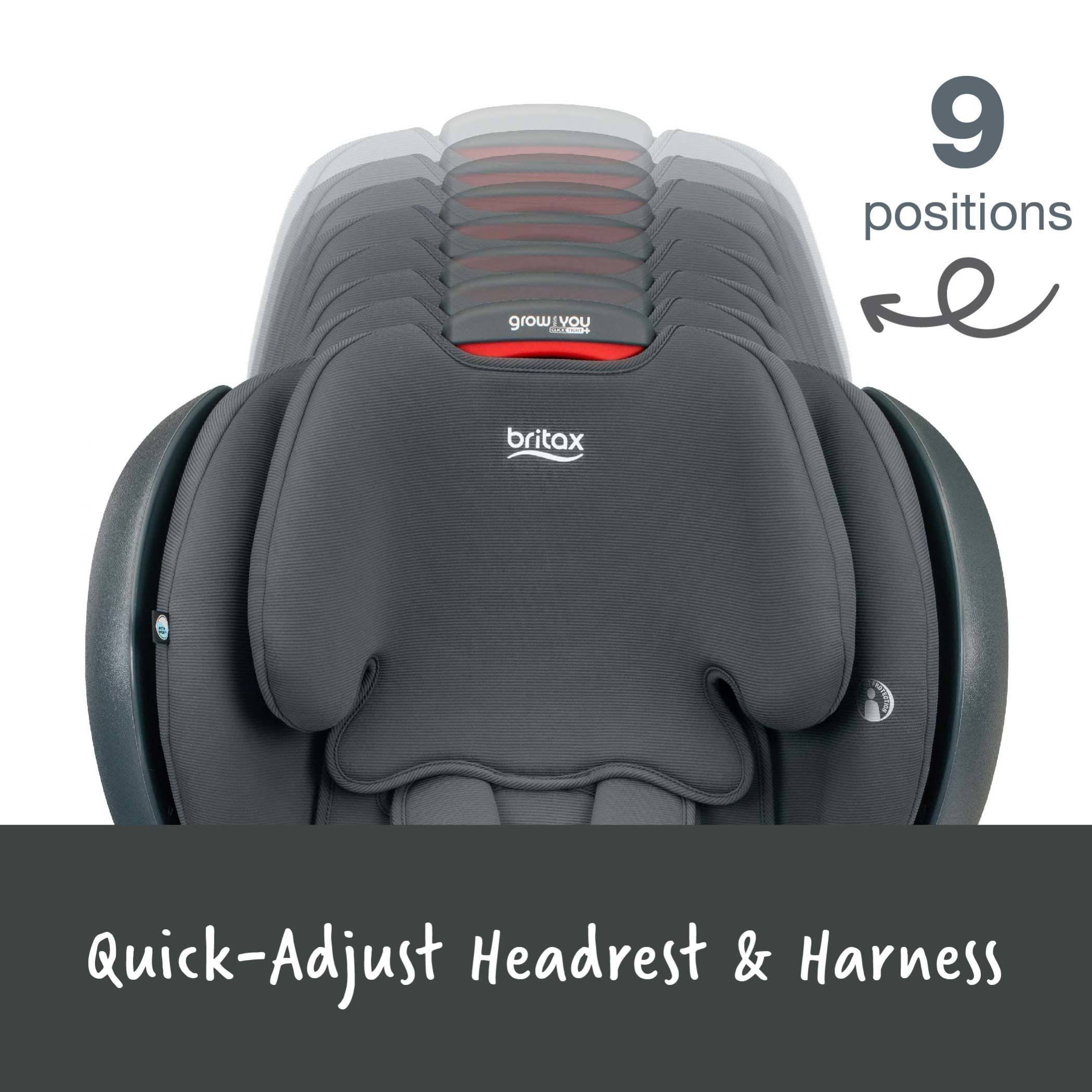 9 Position quick-adjust headrest shown on a black ombre grow with you clicktight+