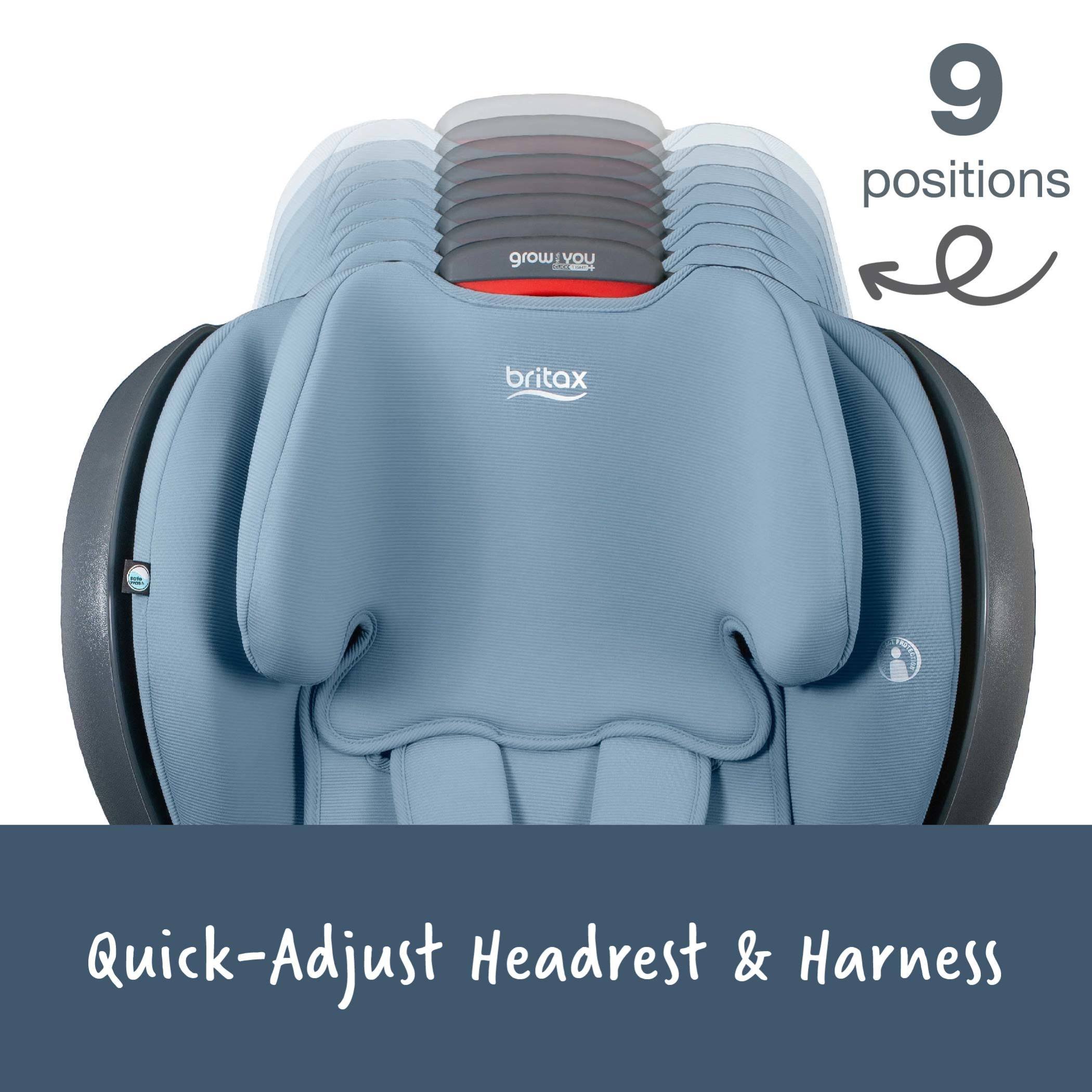 9 Position quick-adjust headrest shown on a blue ombre grow with you clicktight+