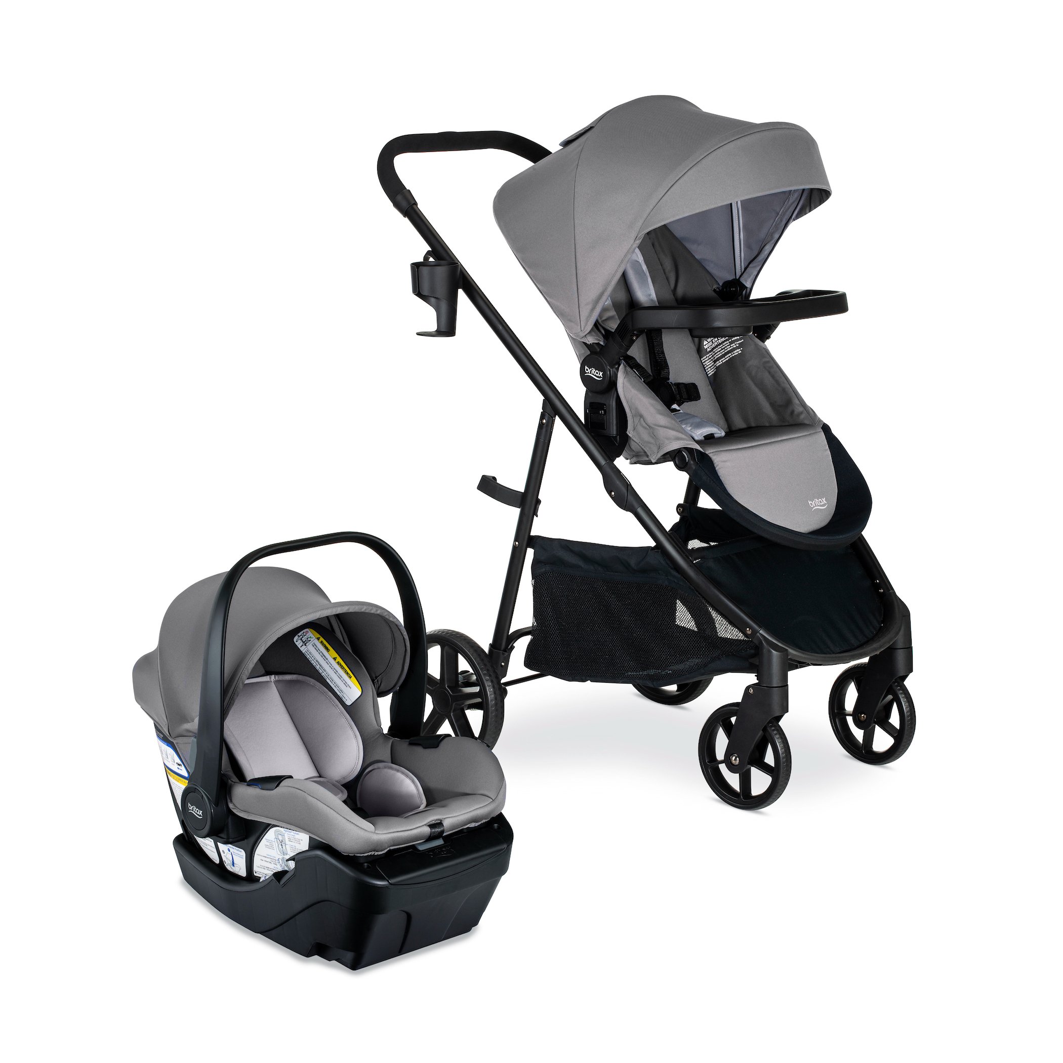 Graphite Glacier Left Facing Willow Car Seat next to Brook Stroller