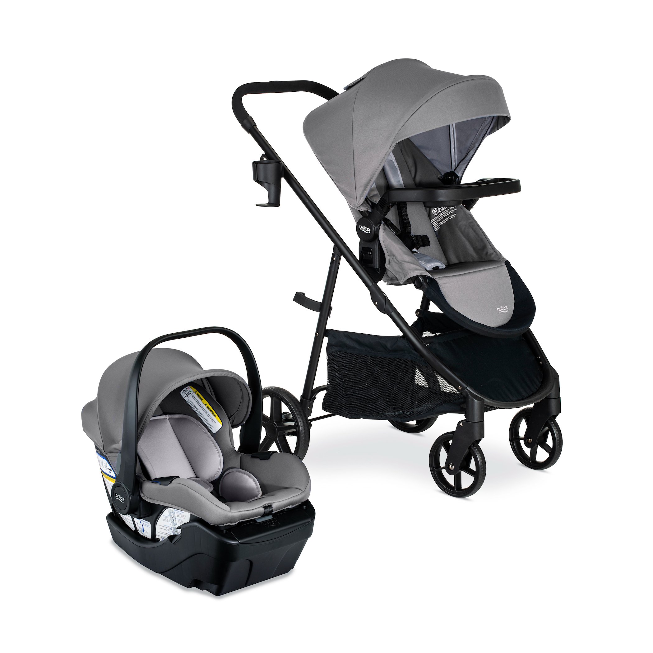 Graphite Glacier Left Facing Willow Car Seat next to Brook Stroller (Copy)